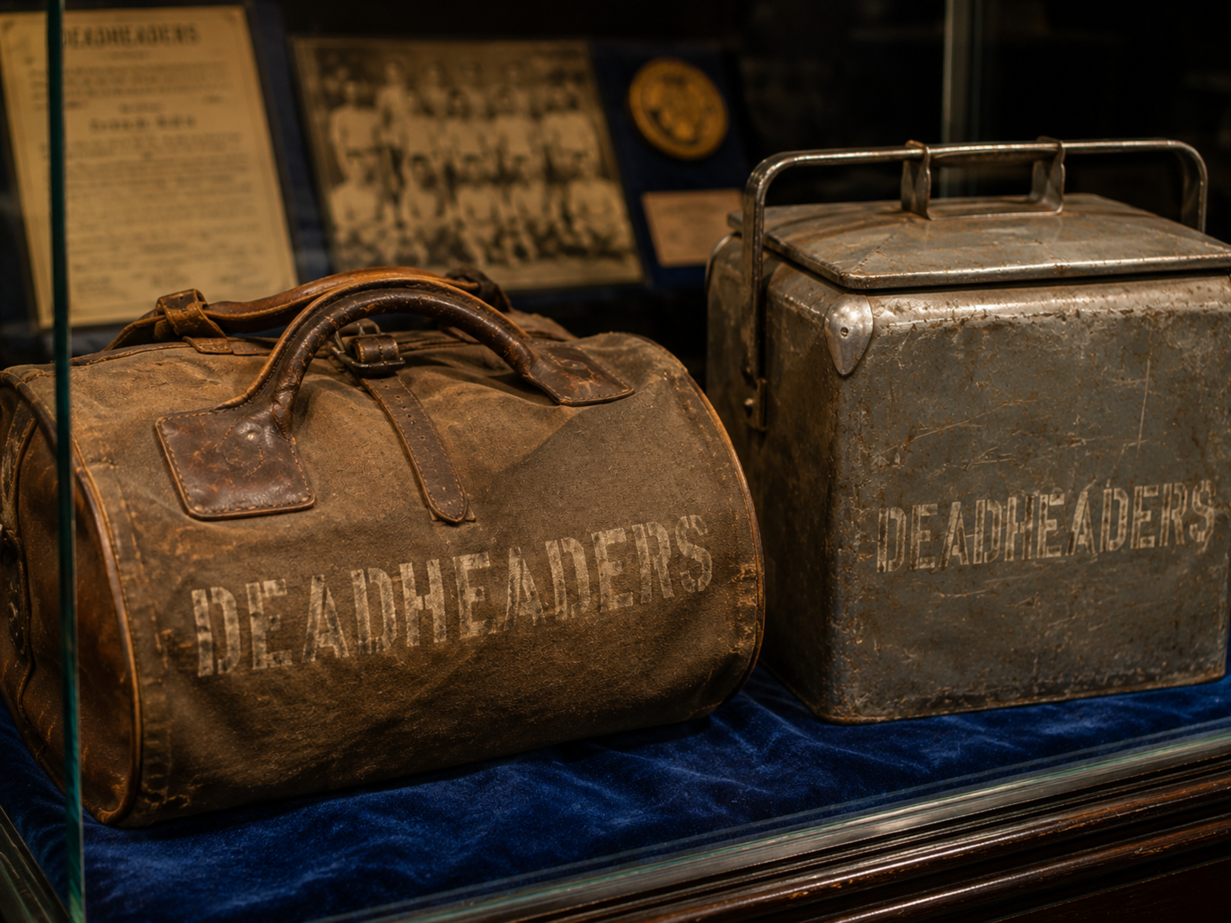 Museum display of a worn leather baseball shag bag and dented 1940s metal cooler, each stenciled “DEADHEADERS” in faded white.