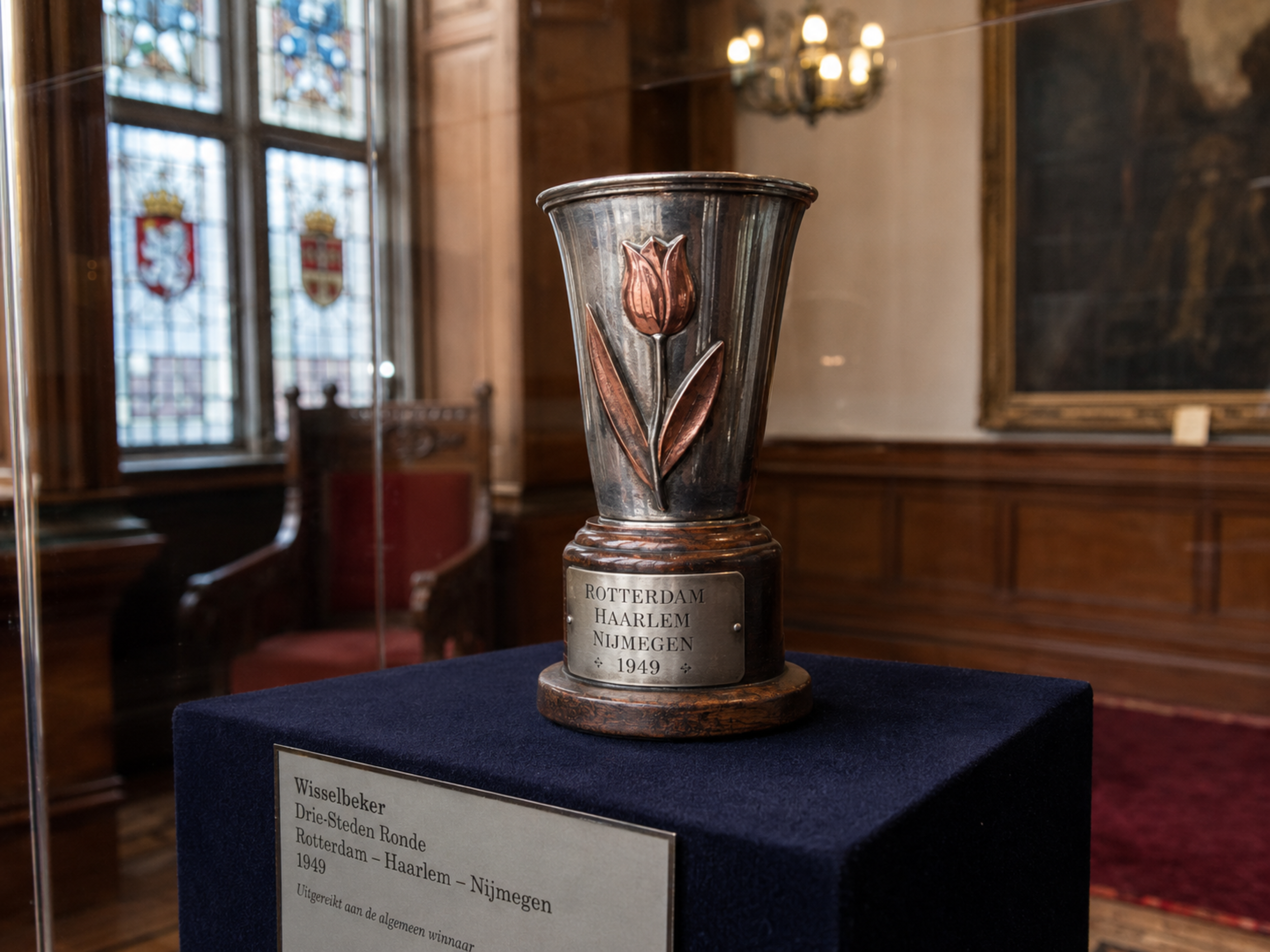 Orange Wonder Cup displayed in Nijmegen City Hall with engraved Rotterdam, Haarlem, and Nijmegen plate.