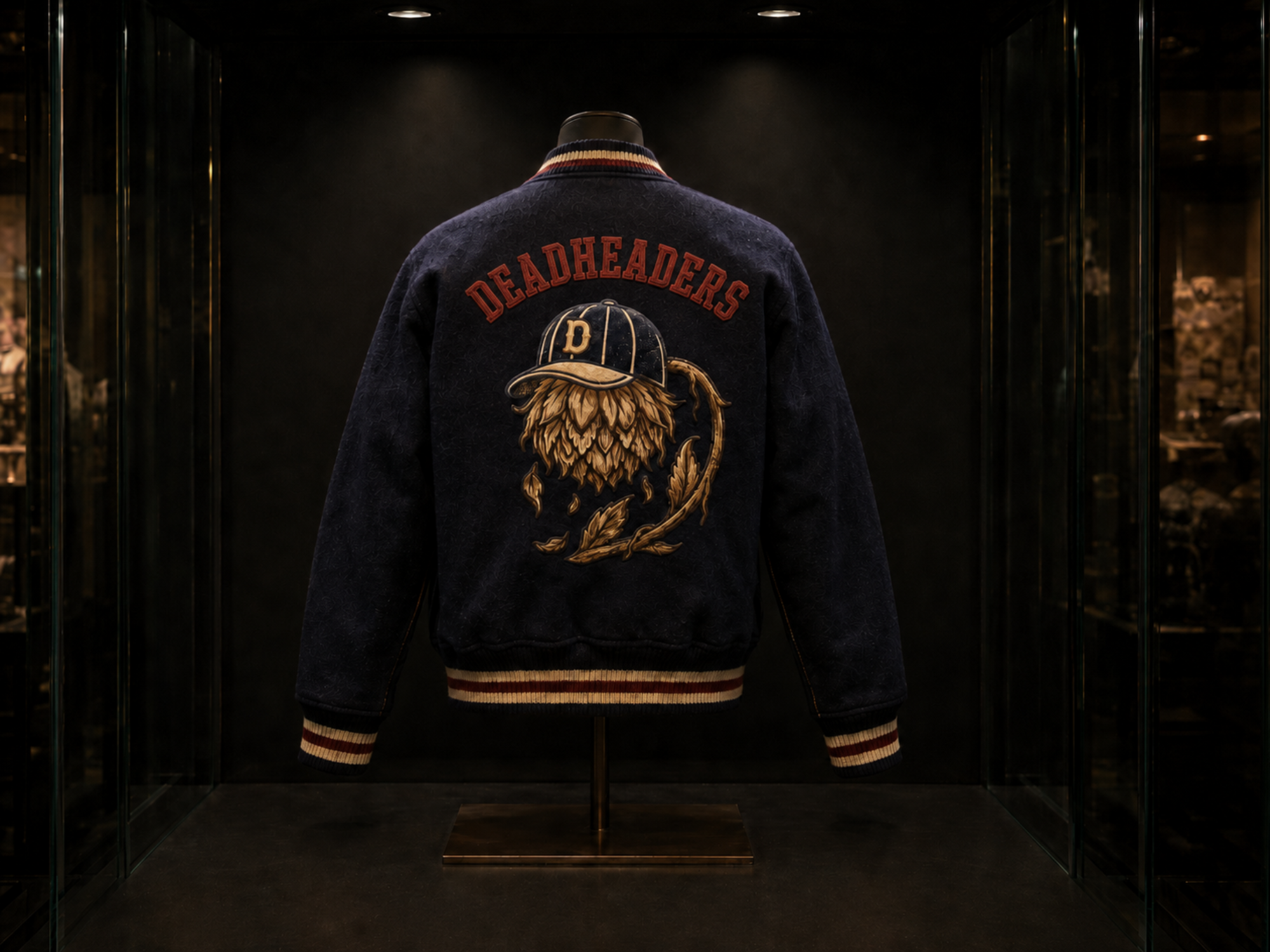 Davenport Deadheaders dugout jacket with arched lettering and the Deadhead emblem sewn on the back.