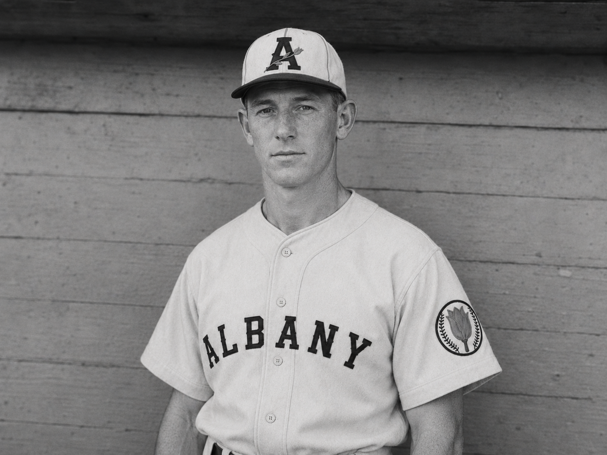 Black-and-white portrait of Orange Wonders pitcher Daniel O’Rourke during the 1949 Netherlands tour.