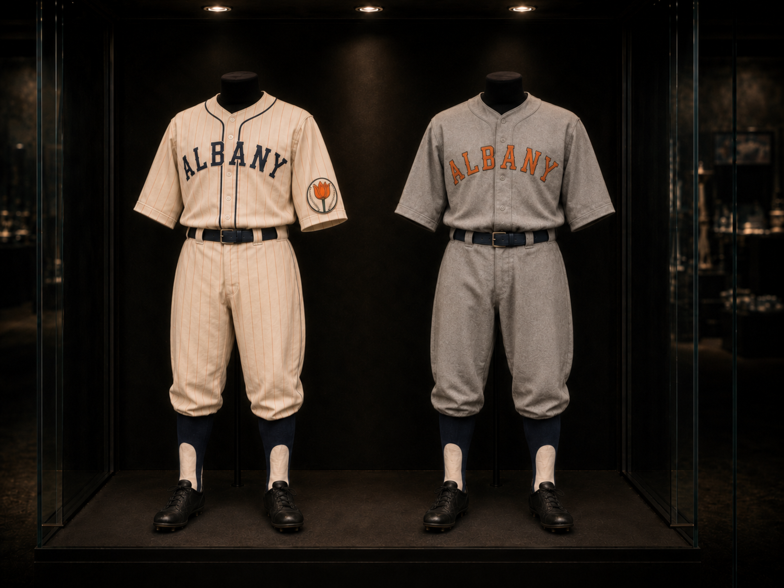 Albany Orange Wonders primary and travel baseball uniforms displayed together.