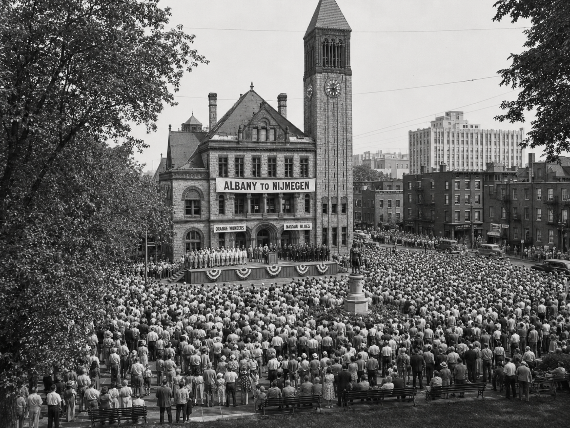 Black-and-white 1949 sendoff crowd for the Albany Orange Wonders on the steps of Albany City Hall.