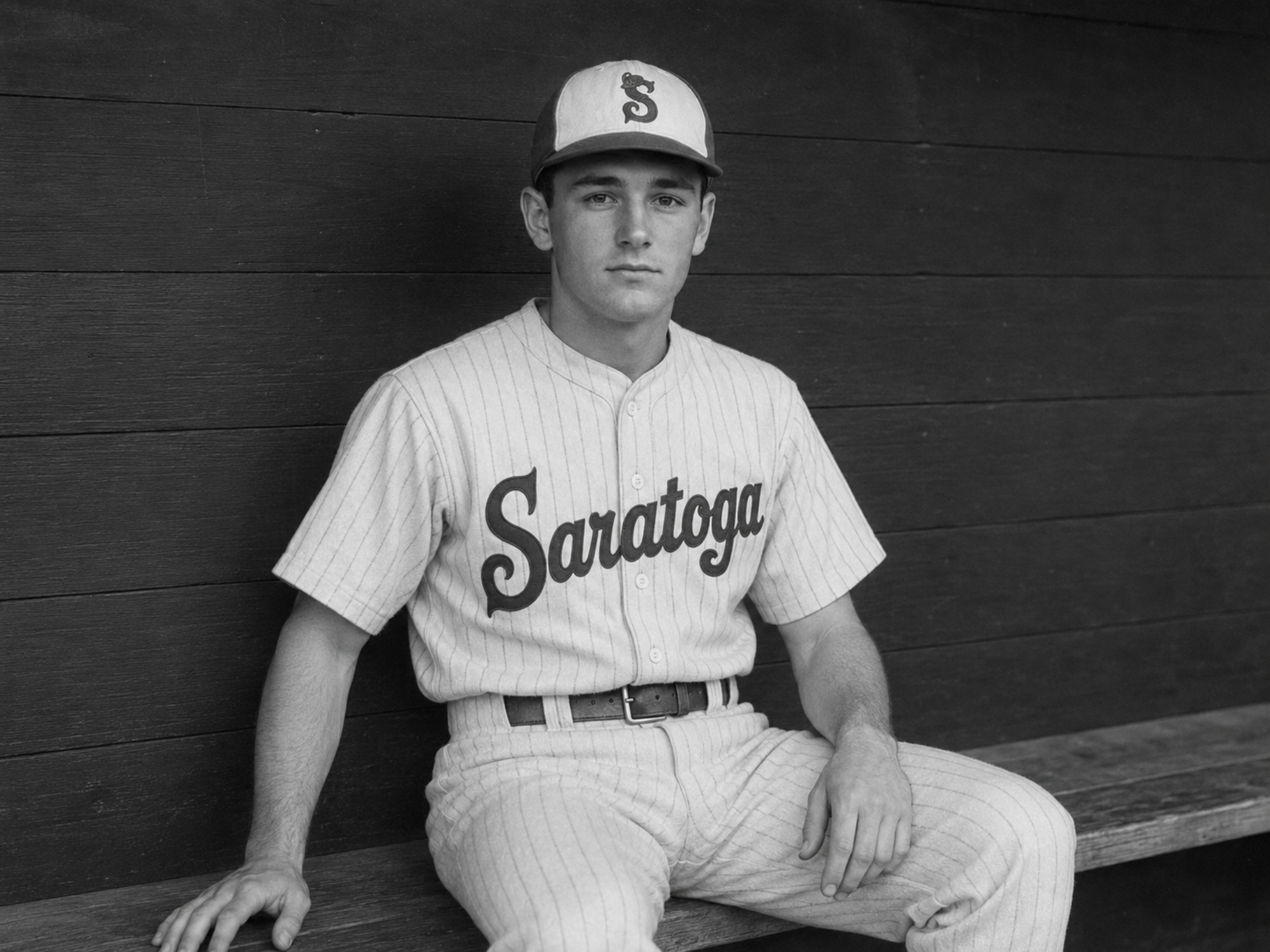 Eddie Rowe poses for his official Saratoga Springs Fascinators portrait sitting in the dugout of The Hatbox.