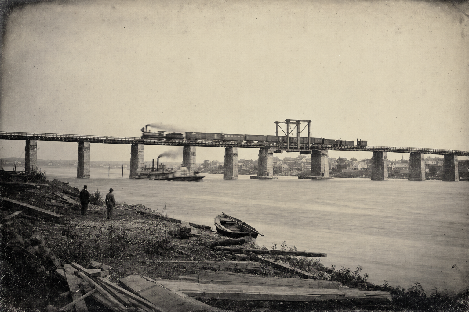 An 1856 locomotive crossing the first railroad bridge over the Mississippi at Davenport.