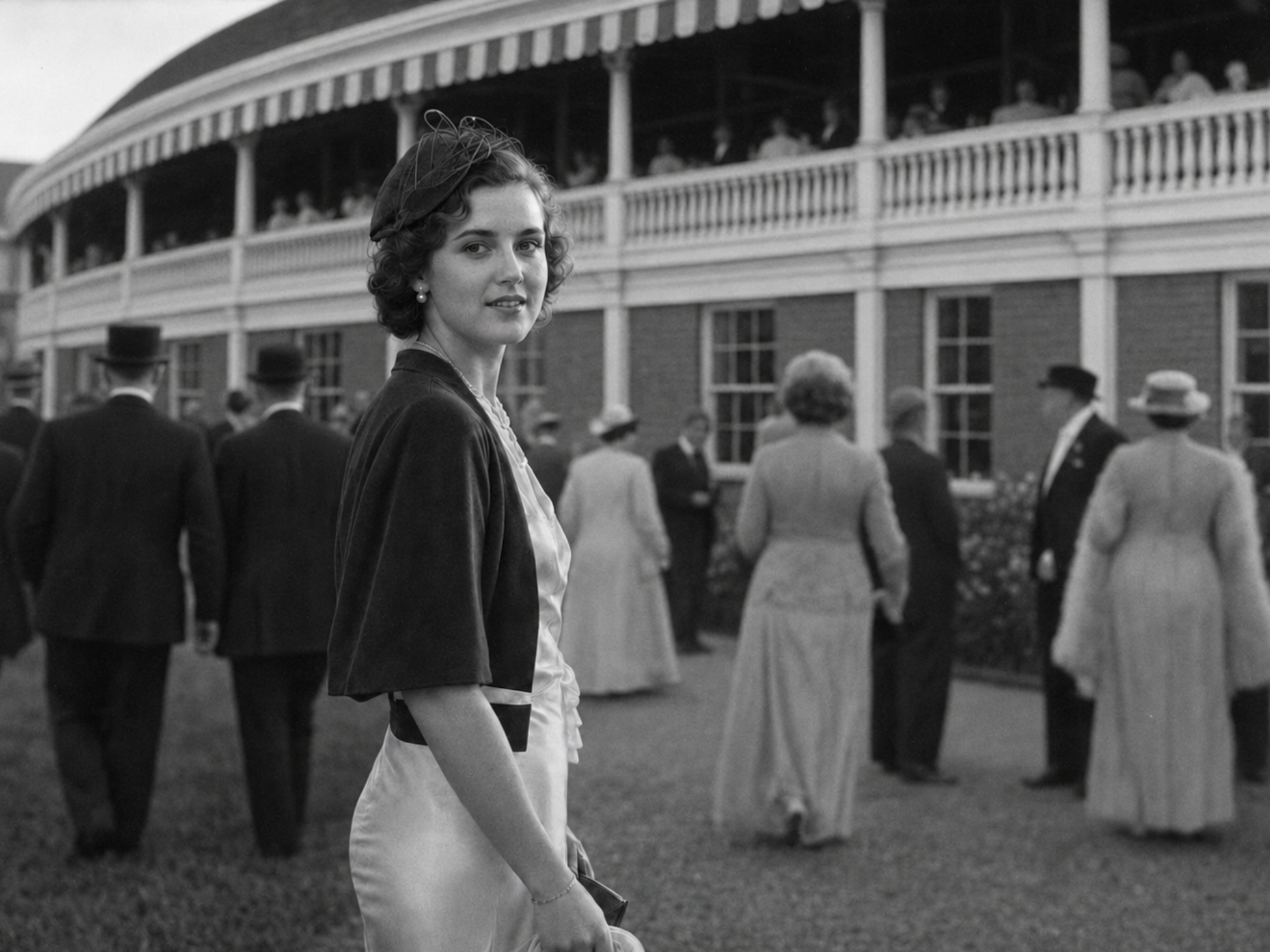 An elegantly dressed young woman stands outside The Hatbox before a Saratoga Springs Fascinators game.