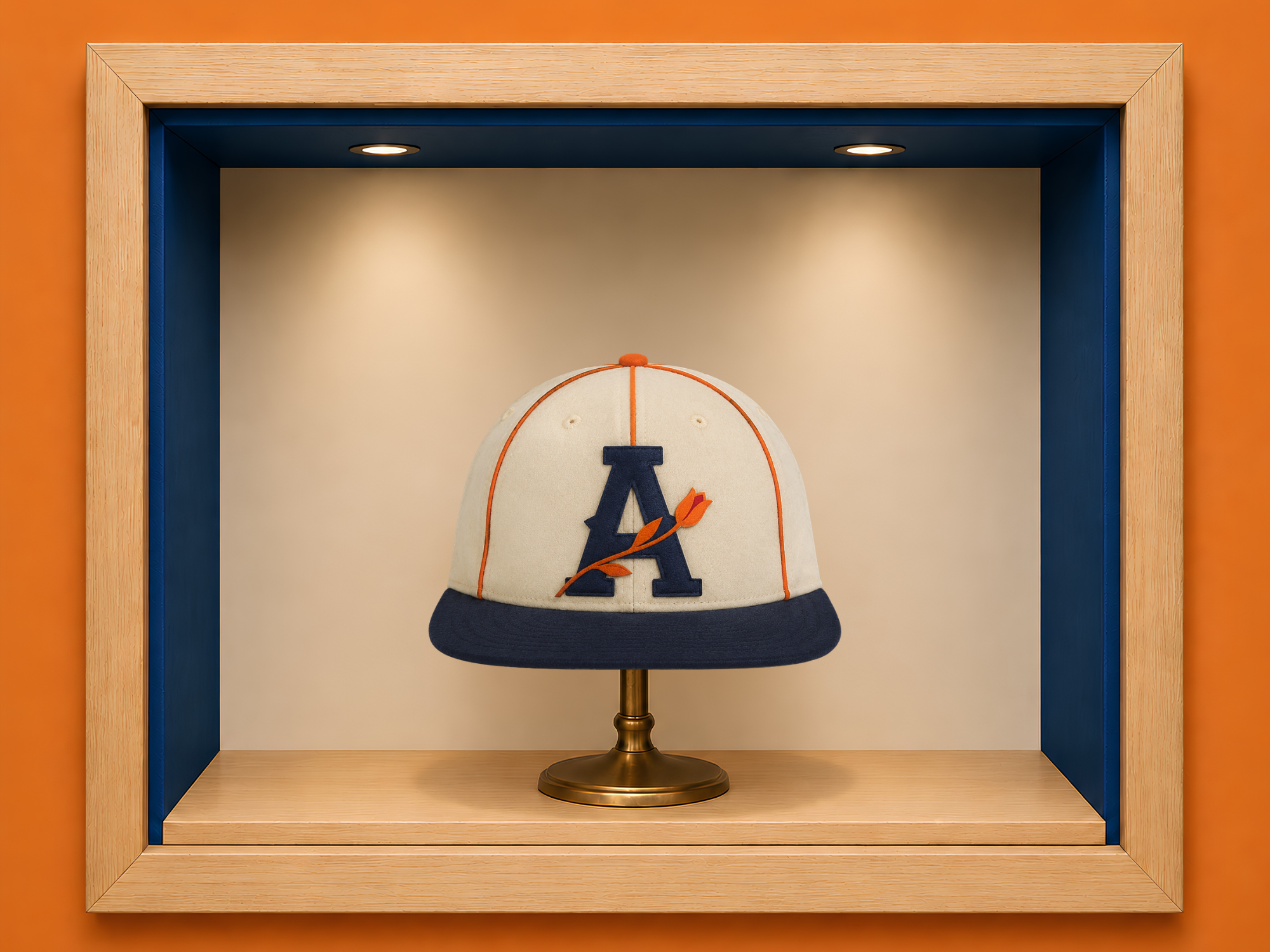 Albany Orange Wonders cream wool cap with a navy flat bill, orange seam piping and a navy notched A crossed by an orange tulip.