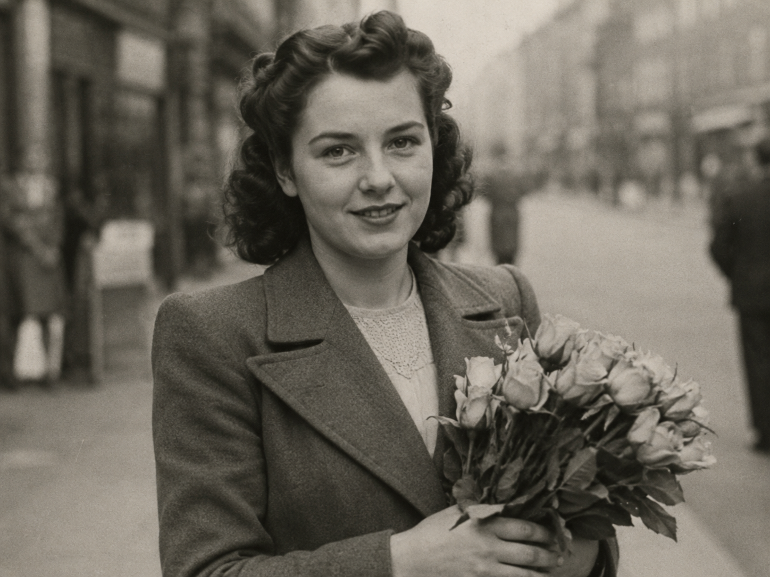 Mary Blackburn holding roses downtown.