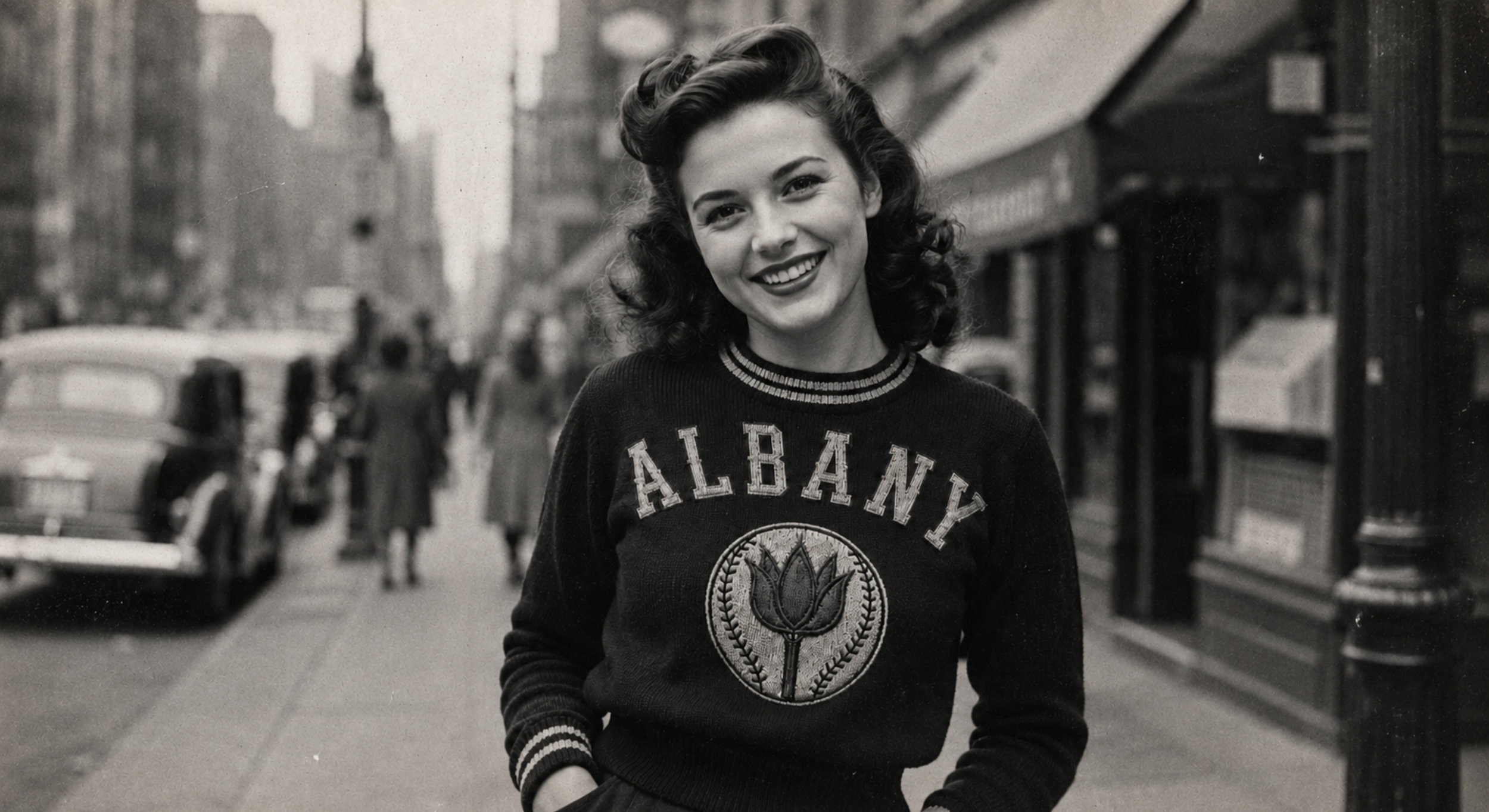 Black-and-white portrait of an Albany Orange Wonders supporter wearing a team sweater on a downtown Albany street.