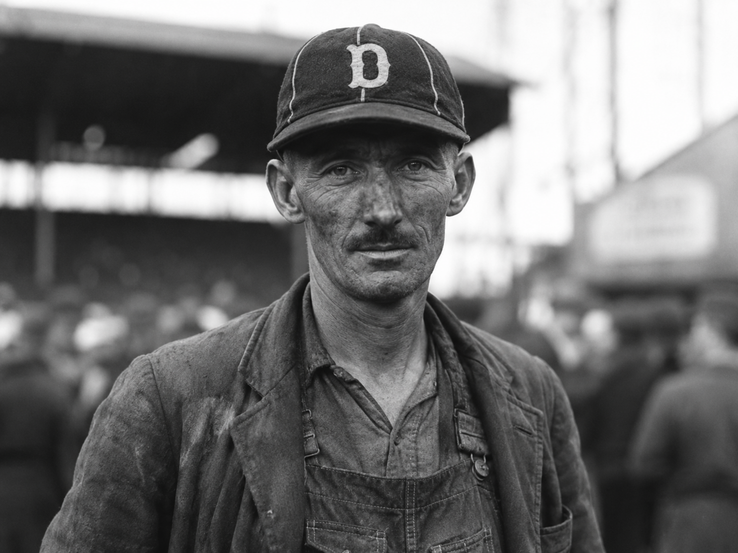 Black-and-white 1940s portrait of a factory worker wearing a Davenport Deadheaders cap outside West End Park, with the ballpark crowd blurred behind him.