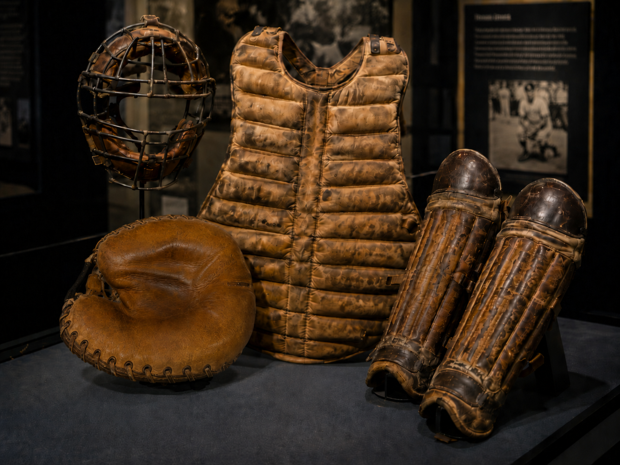 Museum display of vintage Burnet Blue Bonnets catcher’s gear, including a wire mask, quilted chest protector, two leather shin guards, and a round catcher’s mitt under dark exhibit lighting.