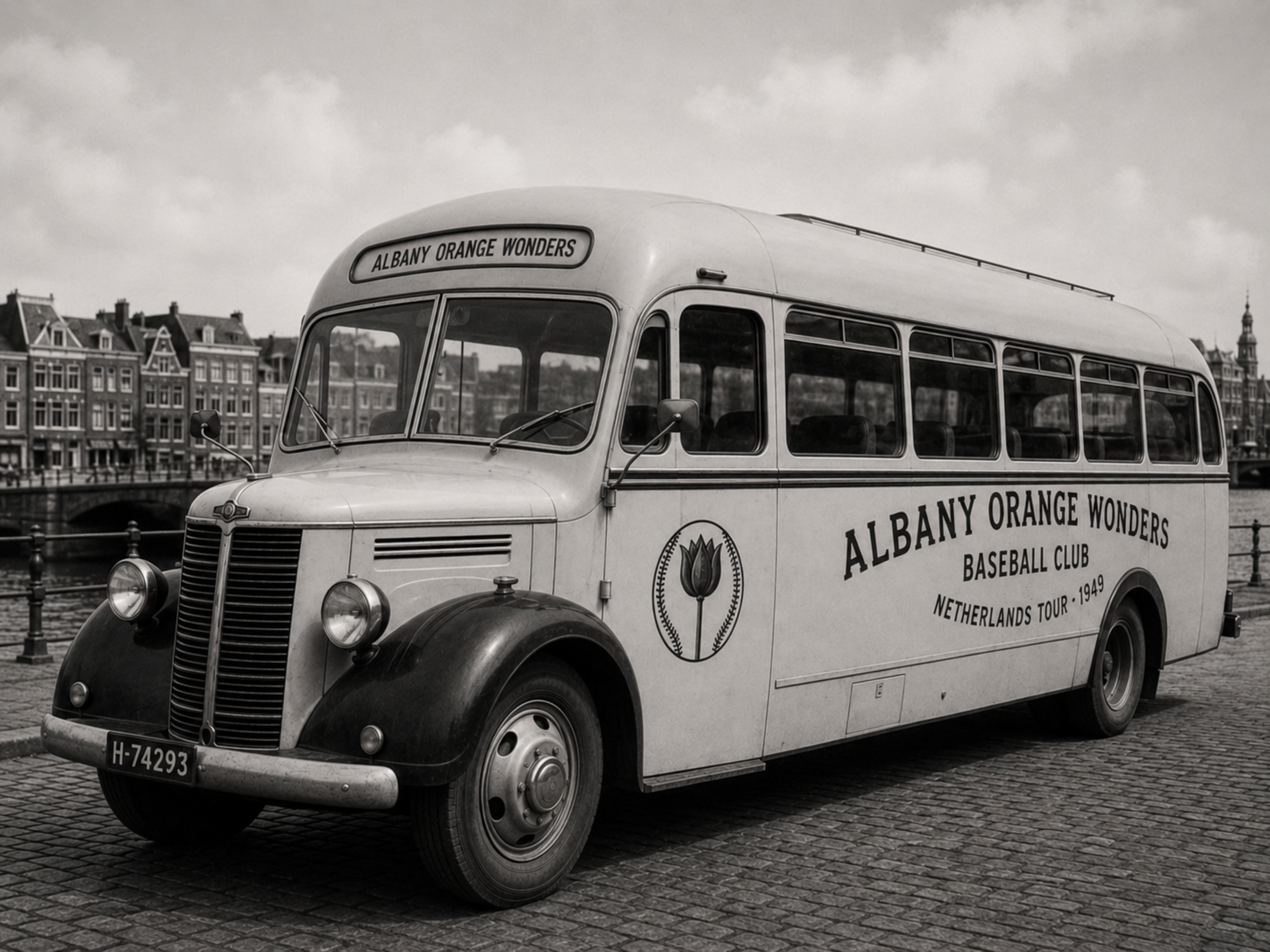 Black-and-white photograph of the Albany Orange Wonders tour bus in the Netherlands.