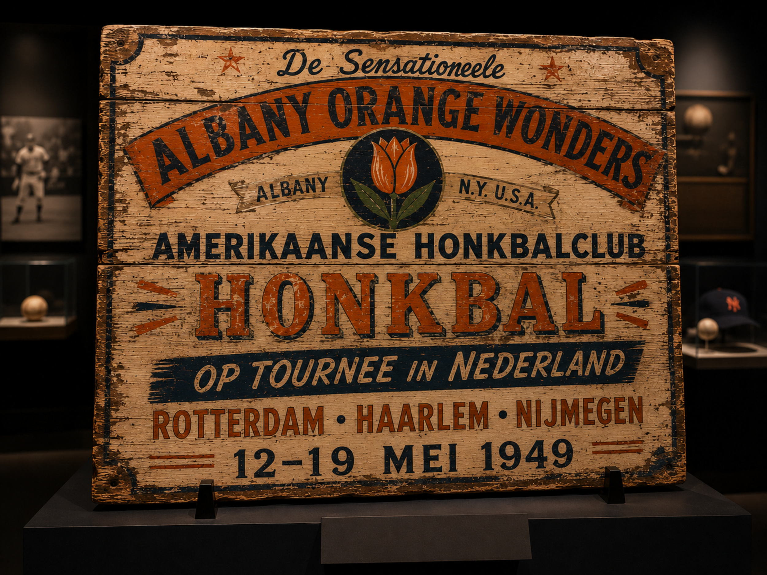 Aged wooden Dutch-language sign advertising the Albany Orange Wonders honkbal tour in 1949.