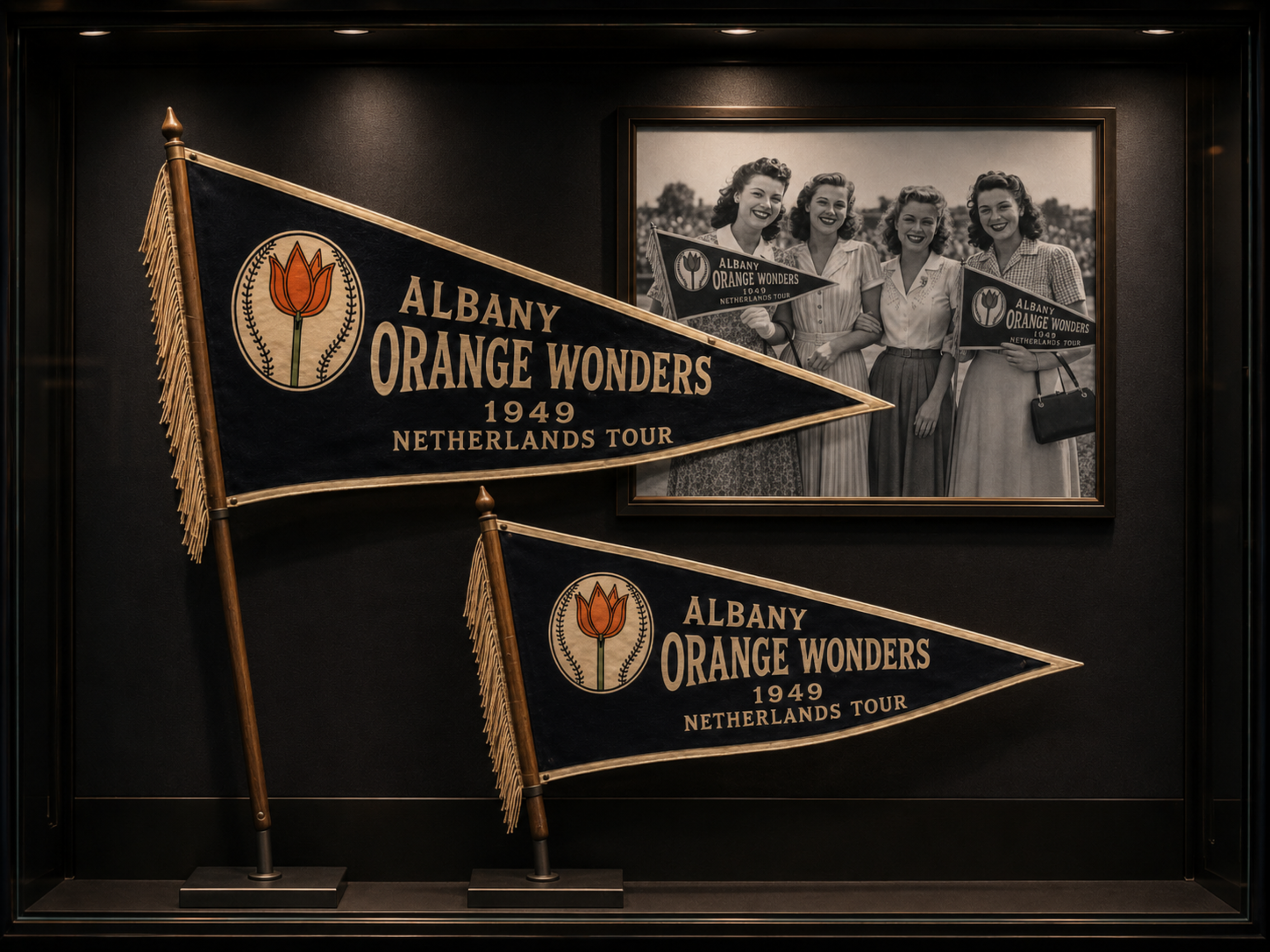 Albany Orange Wonders pennants displayed with a black-and-white photograph of Dutch supporters.