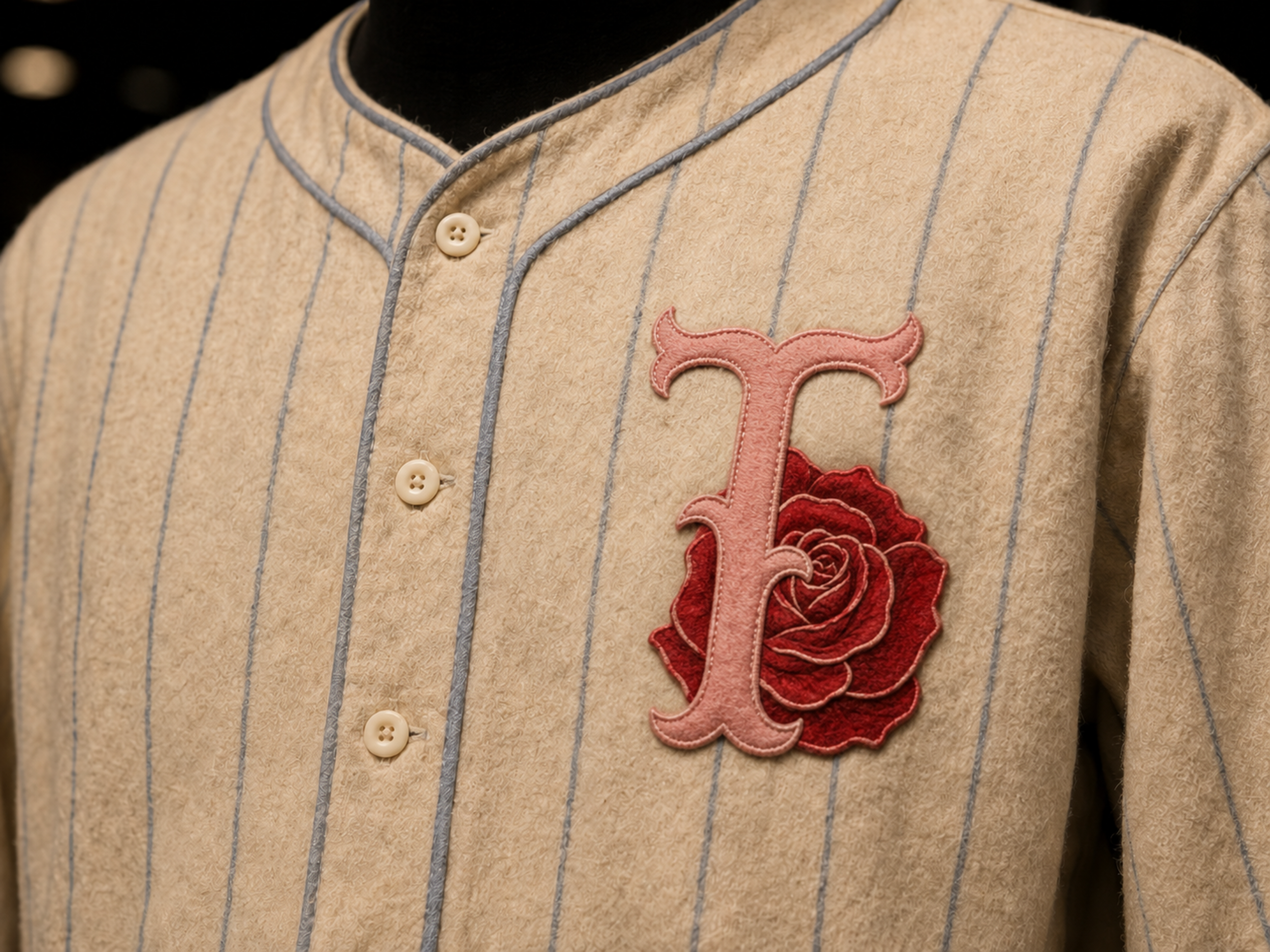 Close-up of the Tyler Roses primary jersey crest, showing a rose-pink T set before a deep-red rose on cream flannel with powder-blue pinstripes.