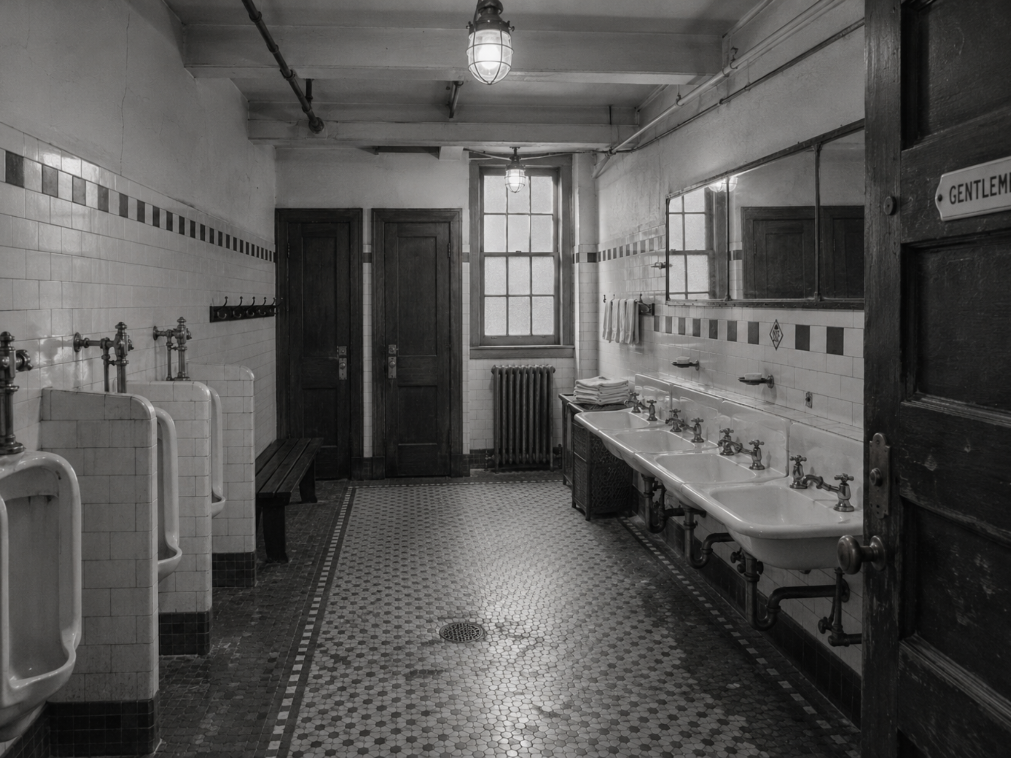 White tile, exposed plumbing and a striped border inside the gentlemen’s washroom at The Hatbox.