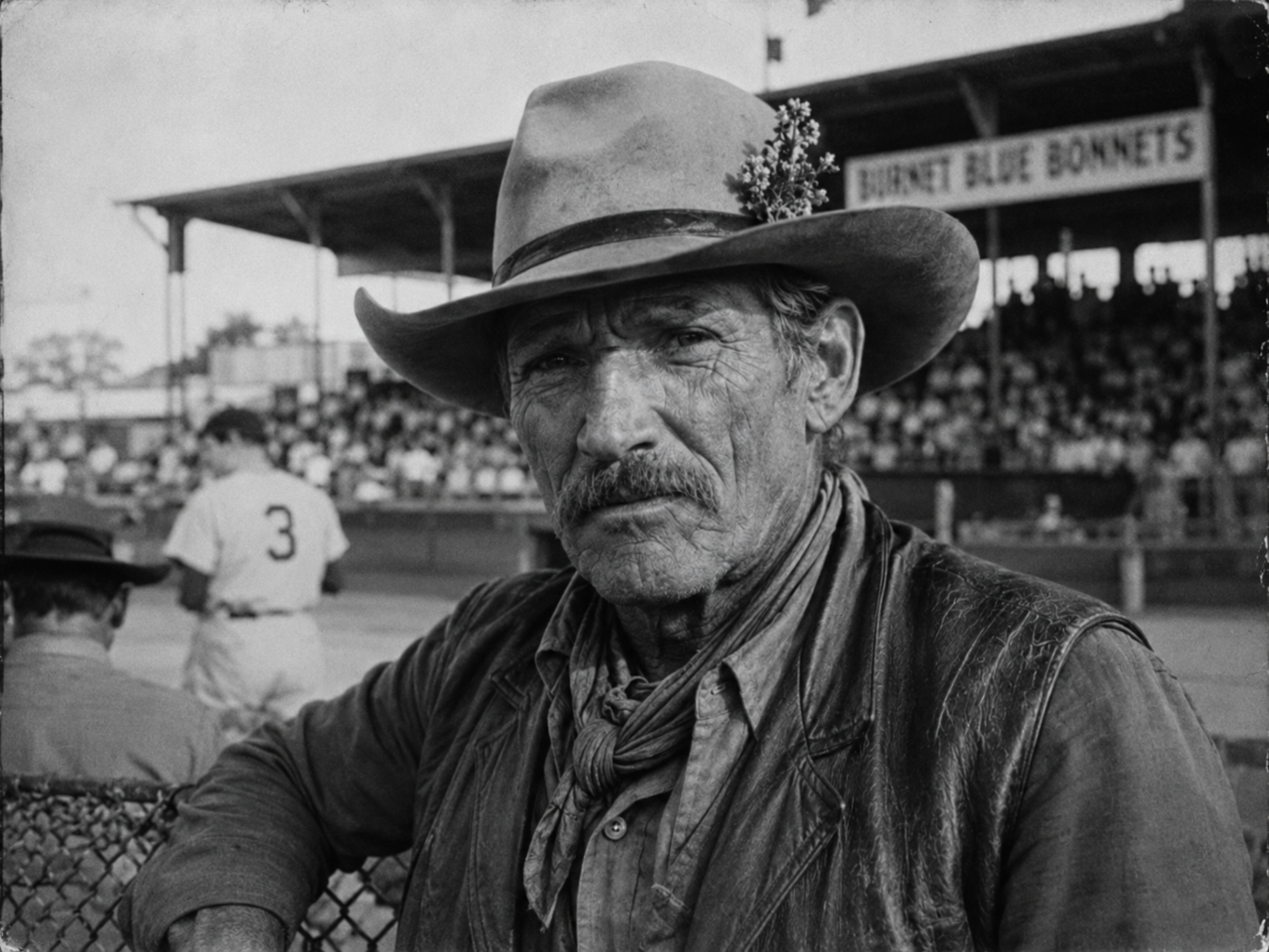 Black-and-white 1940s portrait of an older Texas cowboy at a Burnet Blue Bonnets game, wearing a cowboy hat with a bluebonnet flower tucked into the hatband.