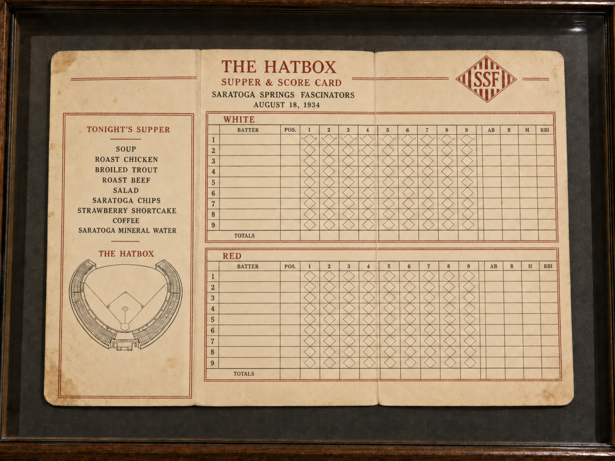 A preserved Hatbox supper menu and two-team baseball scorecard displayed open in a museum case.