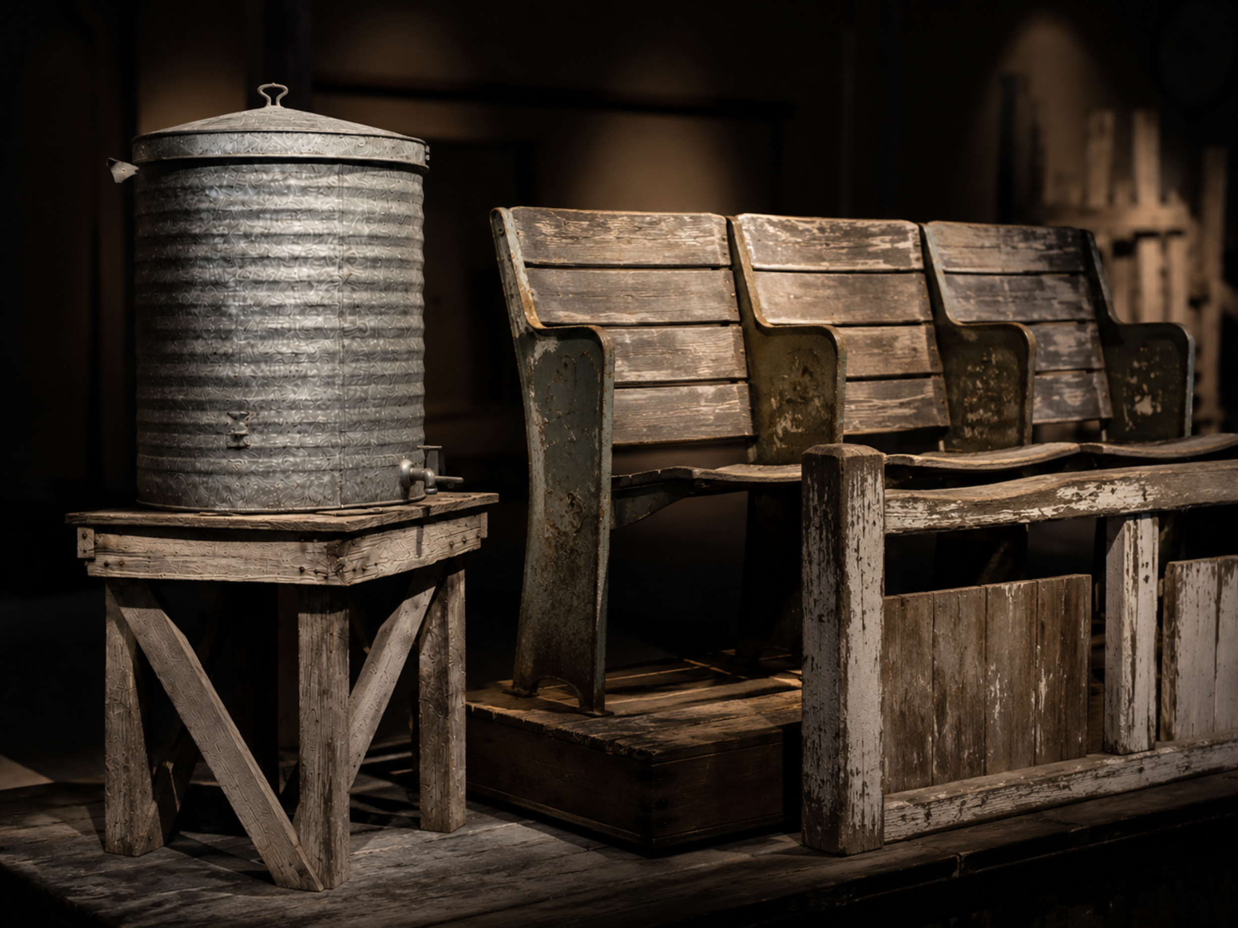 Museum display of Fair Grounds Park artifacts, including original wooden seating, weathered rail sections, and a galvanized fairgrounds water cooler under dark exhibit lighting.