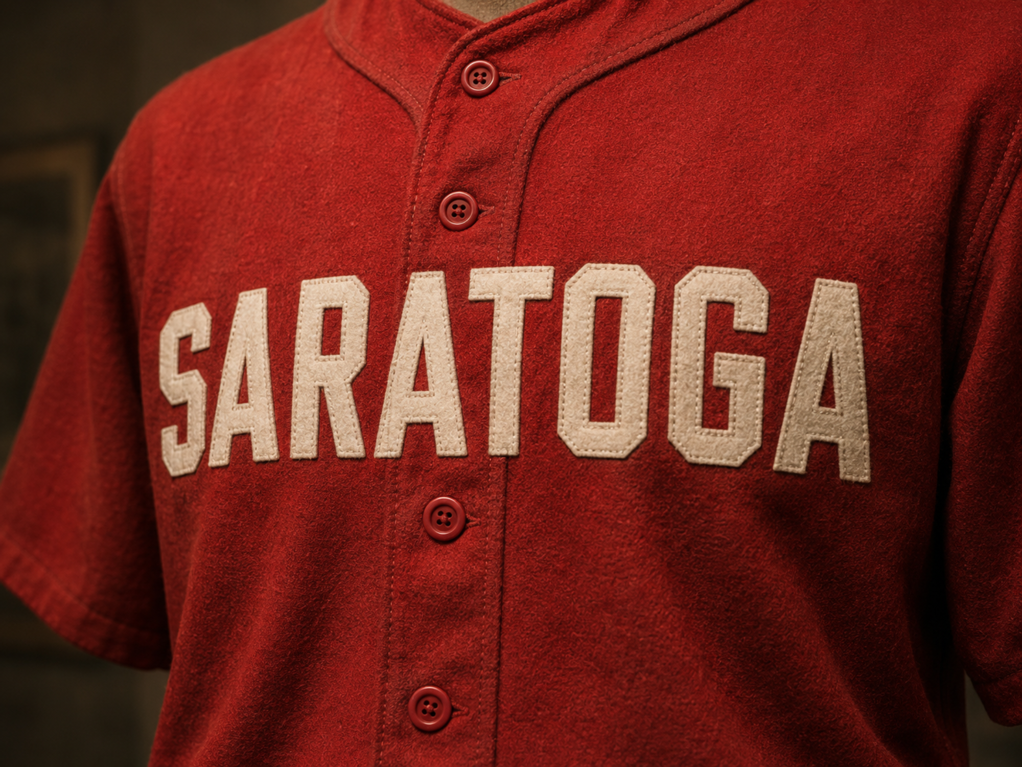 Close museum detail of white SARATOGA block lettering sewn across a solid red wool jersey.