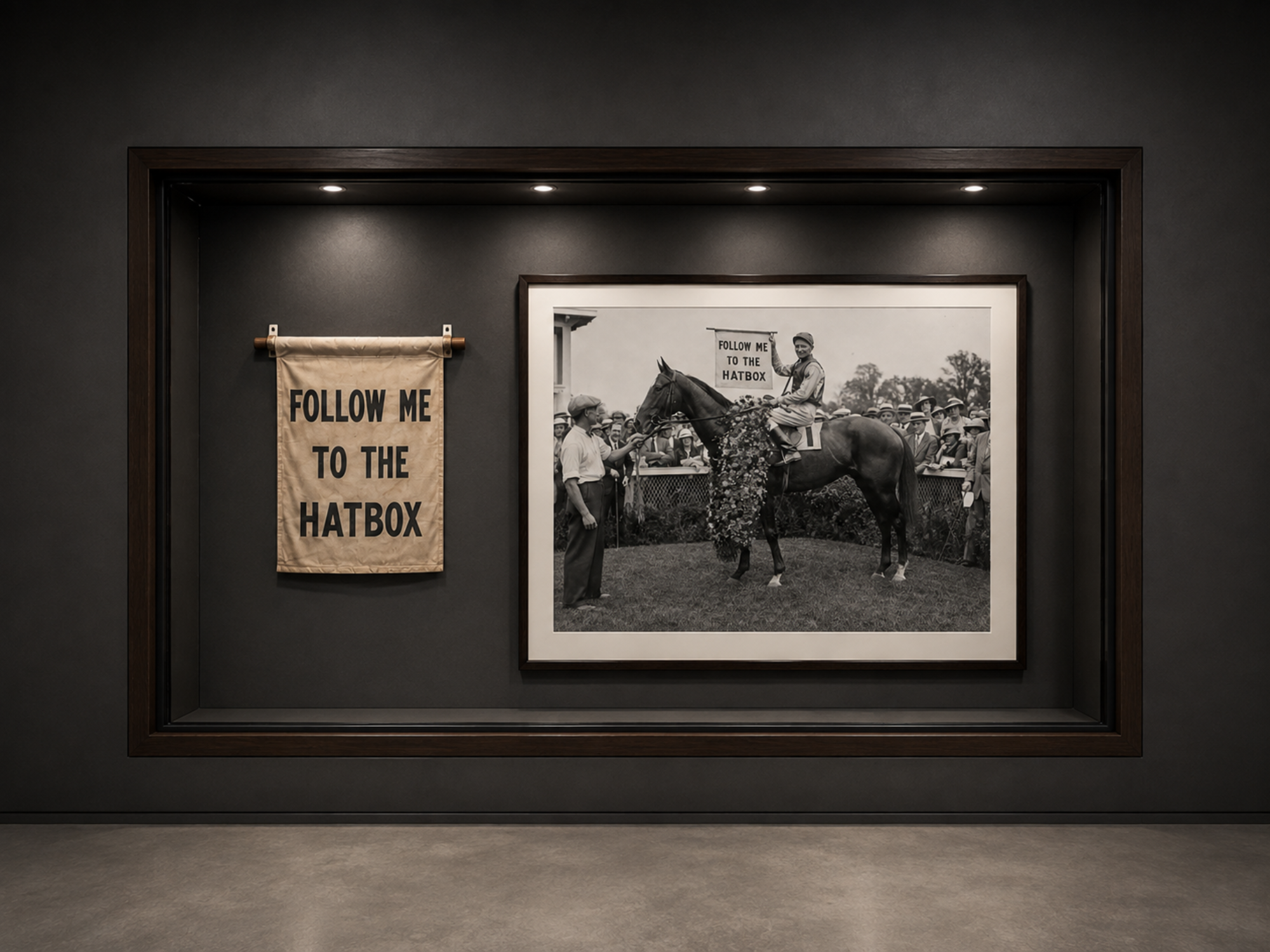 A preserved “Follow Me to The Hatbox” cloth banner and a historical winner’s-circle photograph are displayed in a museum case.