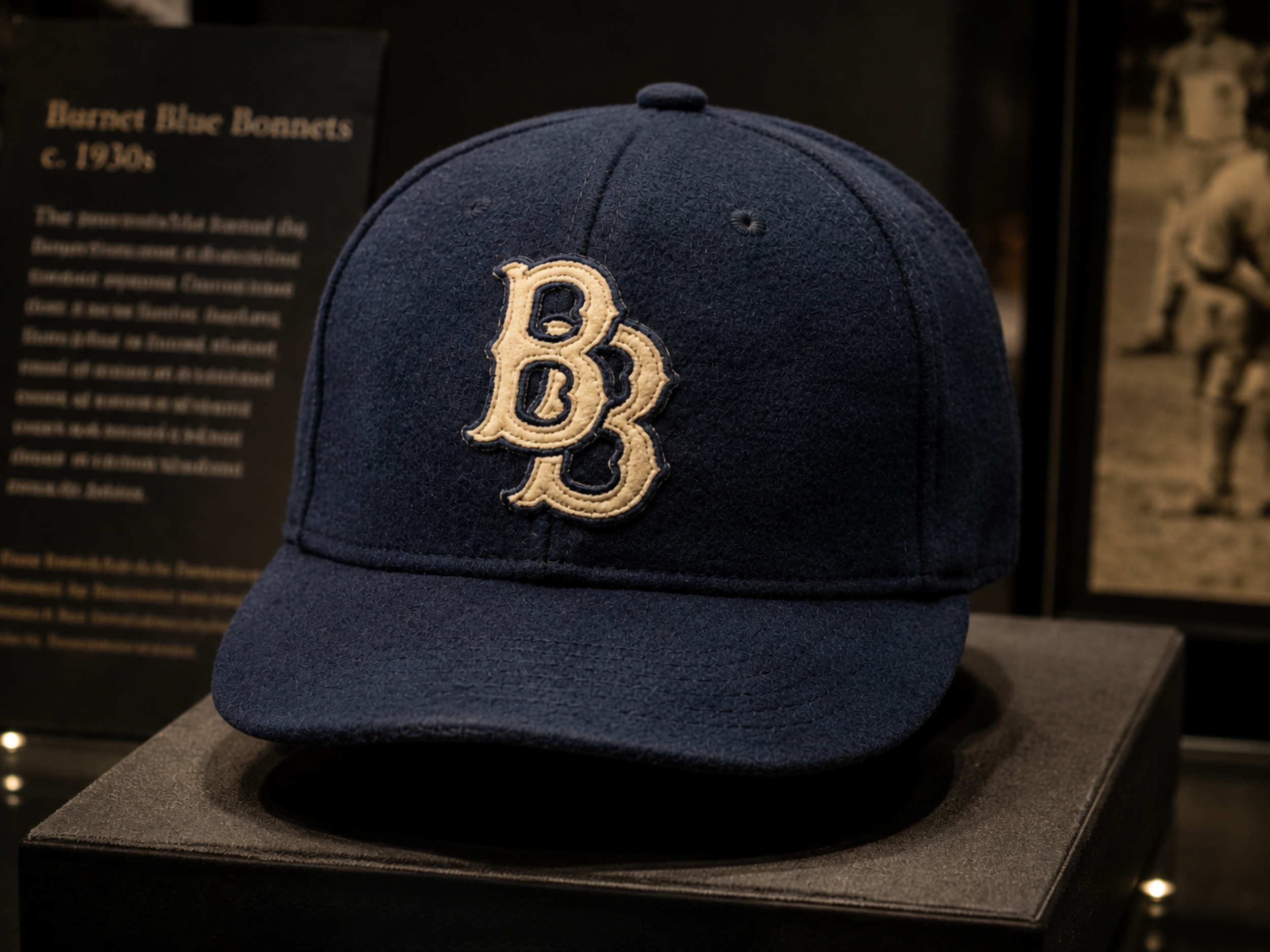 Dark-blue 1930s Burnet Blue Bonnets baseball cap displayed on a museum pedestal with a cream interlocking BB monogram on the front.