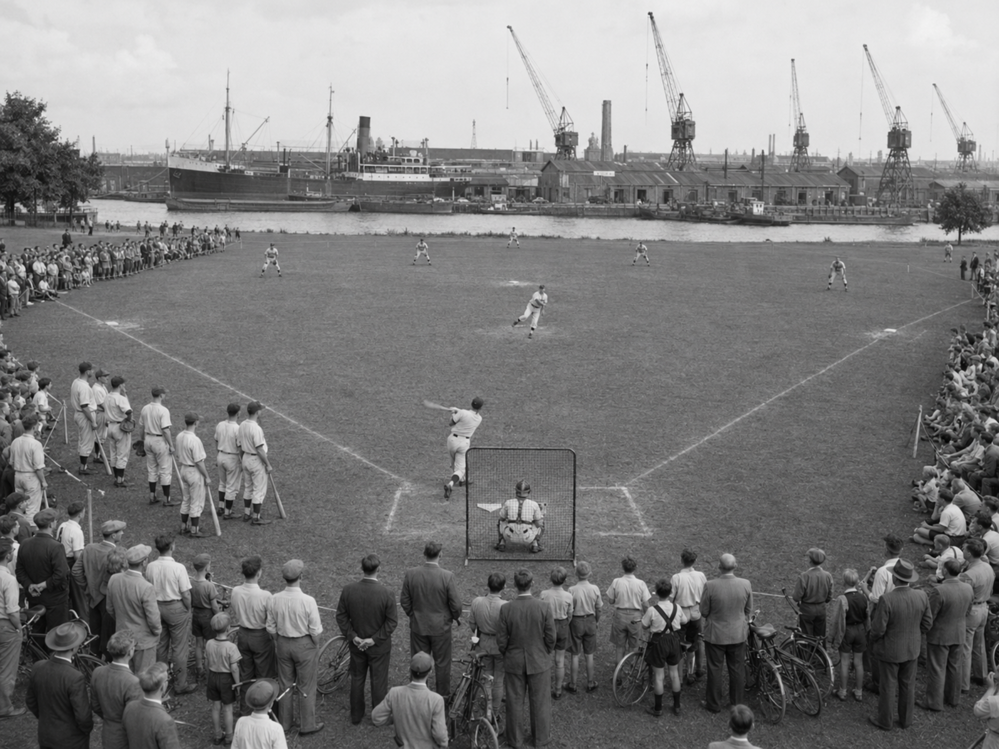 Black-and-white photograph of the Albany Orange Wonders practicing before spectators on an open municipal field near Rotterdam harbor, June 17, 1949.