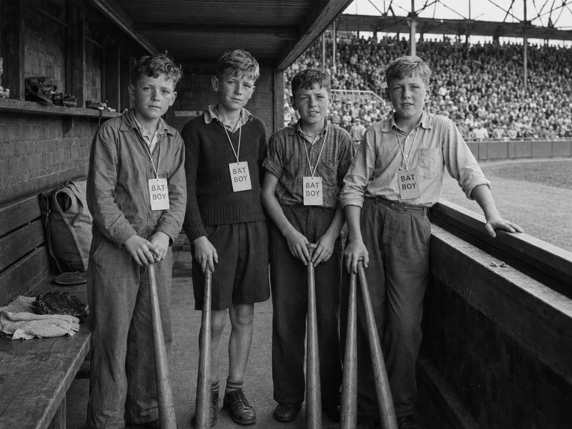 Black-and-white photograph of four Nijmegen batboys holding baseball bats inside the Orange Wonders’ dugout at Goffert Ballpark.