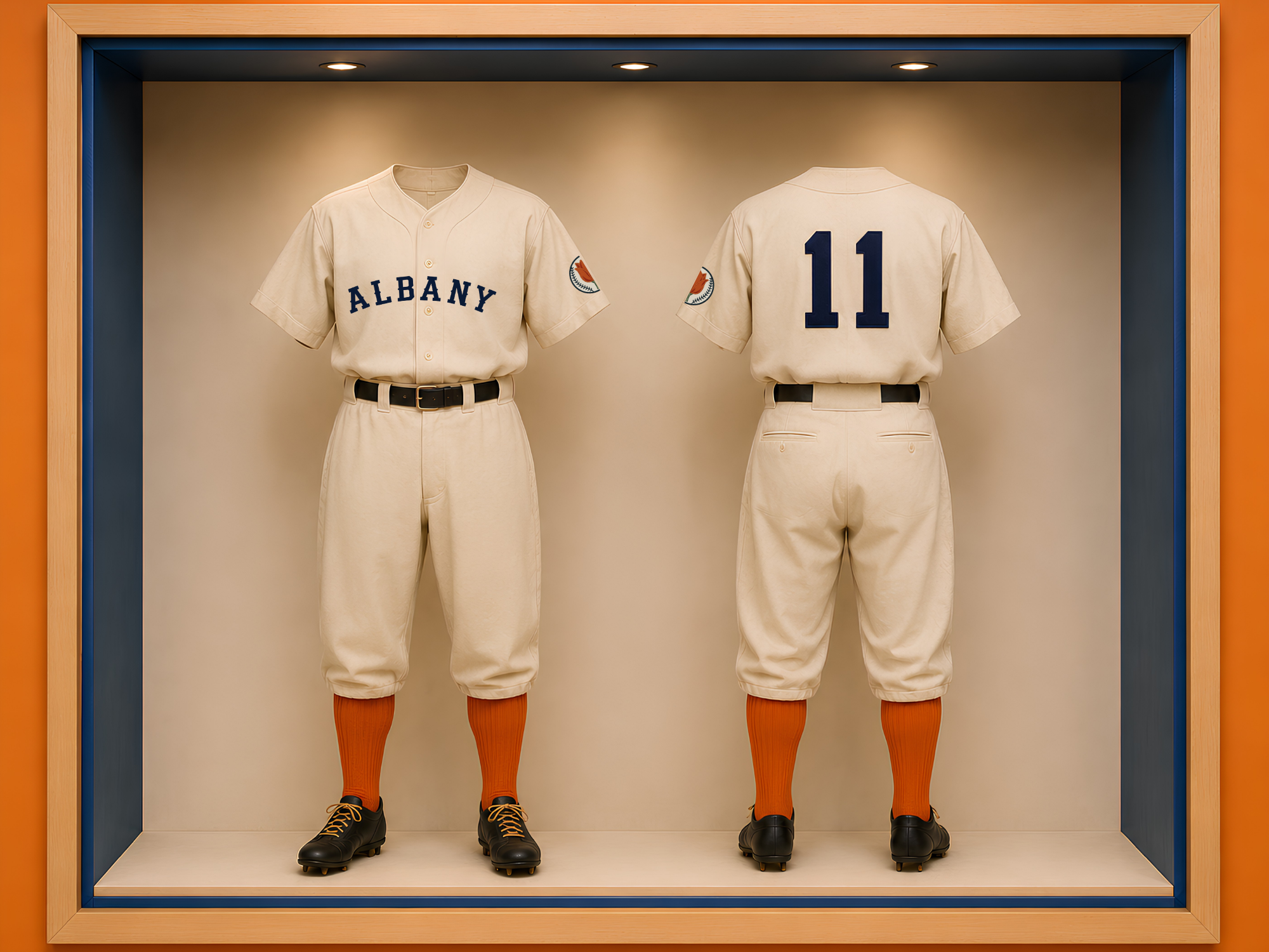 Front and back views of the Albany Orange Wonders’ cream 1949 field uniform with navy ALBANY lettering, number 11, orange stockings and black cleats.