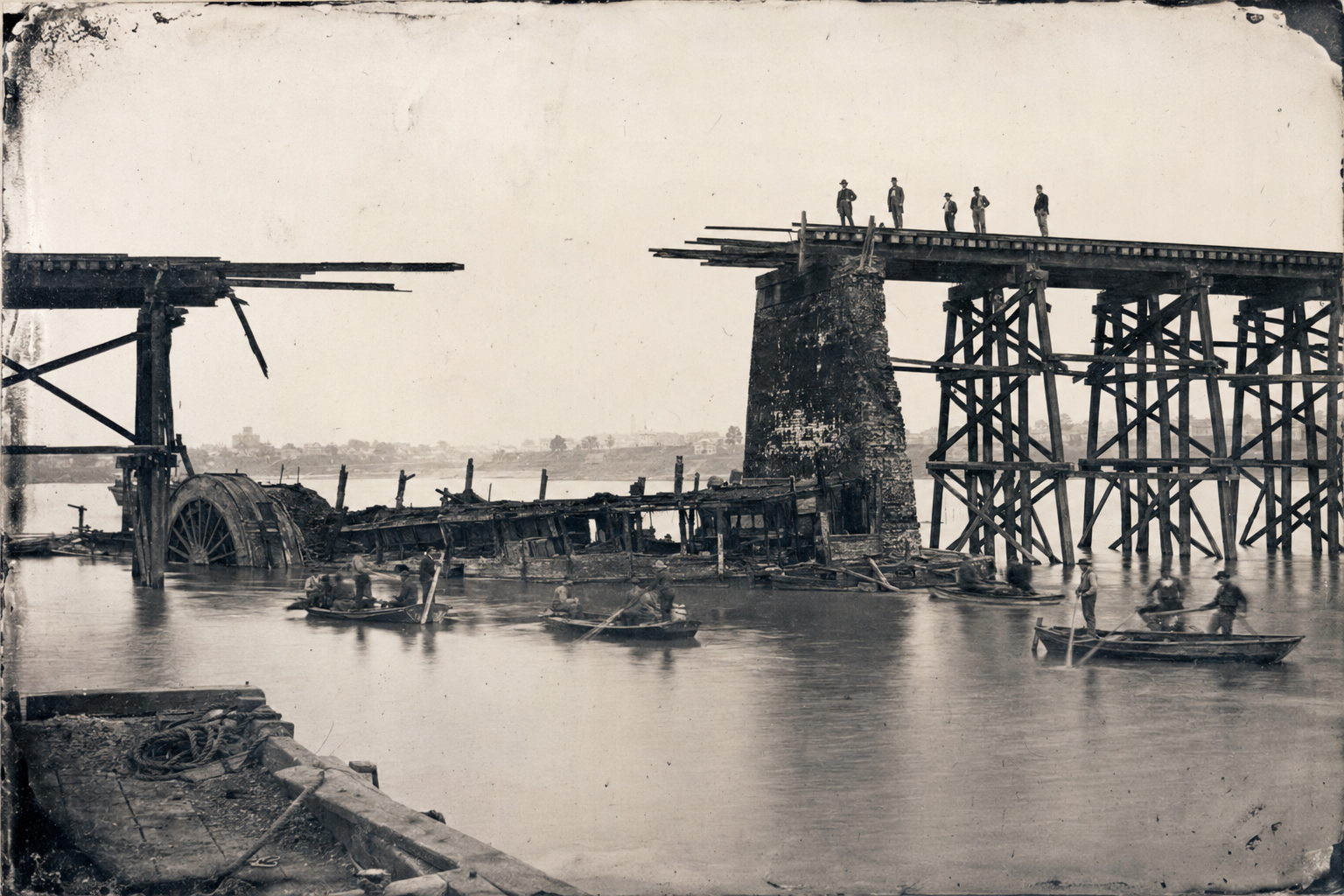 Wreckage of the Effie Afton beneath the damaged Mississippi railroad bridge in 1856.