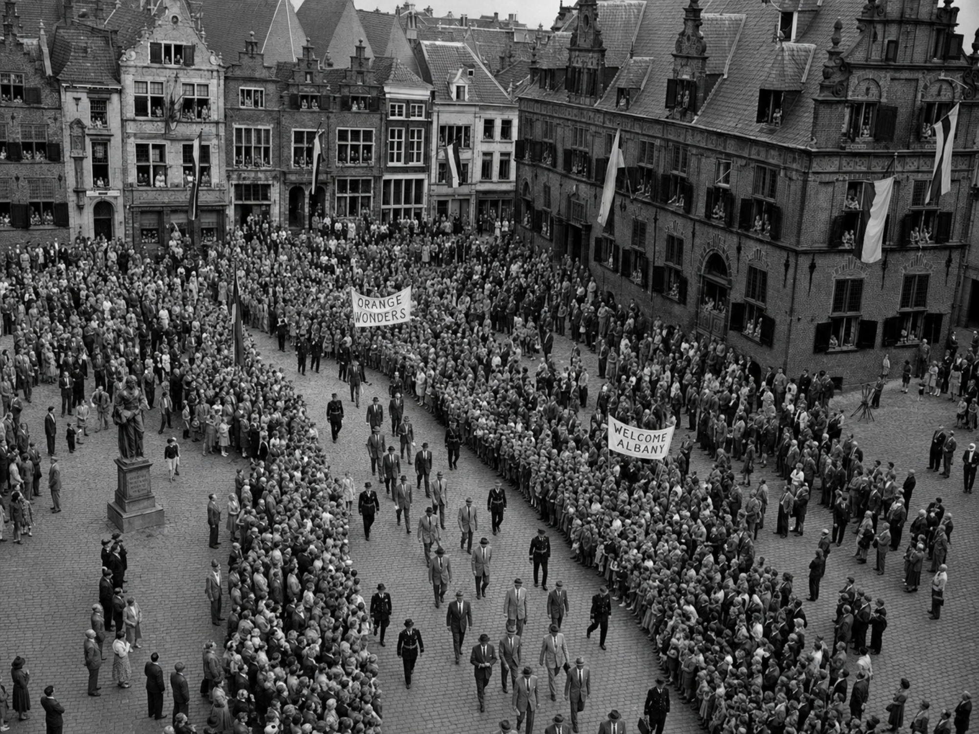 Black-and-white photograph of the Albany Orange Wonders arriving in Nijmegen in June 1949.