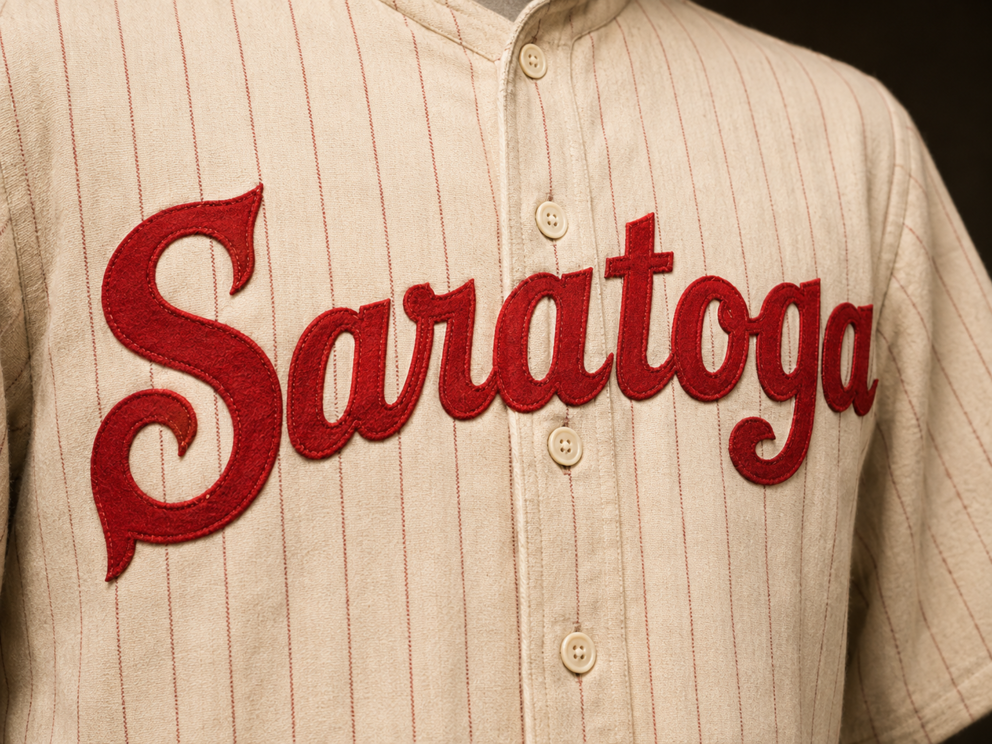 Close museum detail of red Saratoga script sewn across a white wool jersey with narrow red pinstripes.