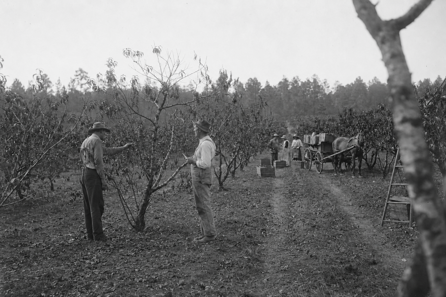 Two growers inspecting damaged peach trees in an early-1900s Smith County orchard.