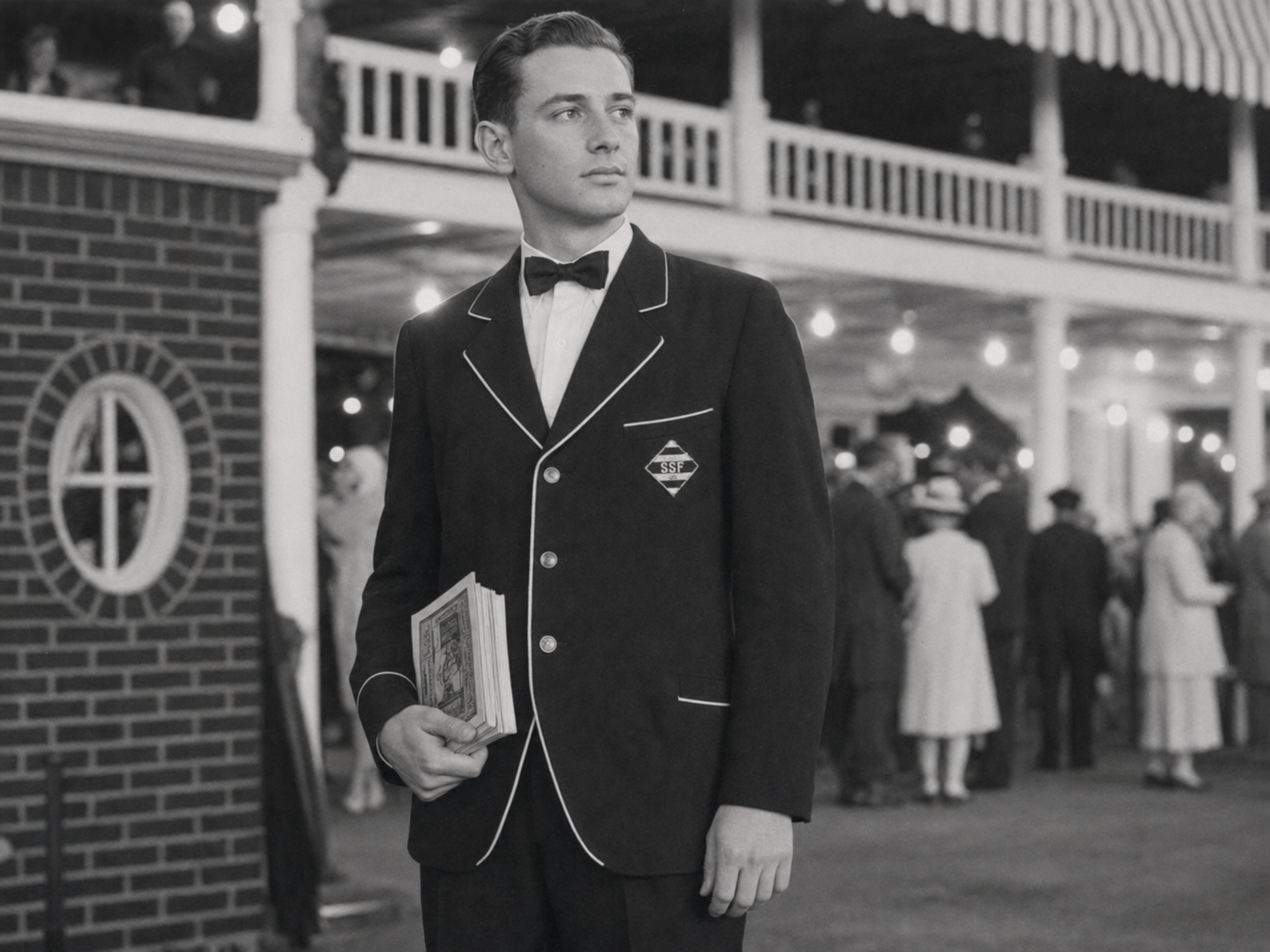 Hatbox ushers in dark jackets distribute programs and direct arriving patrons to their seats.