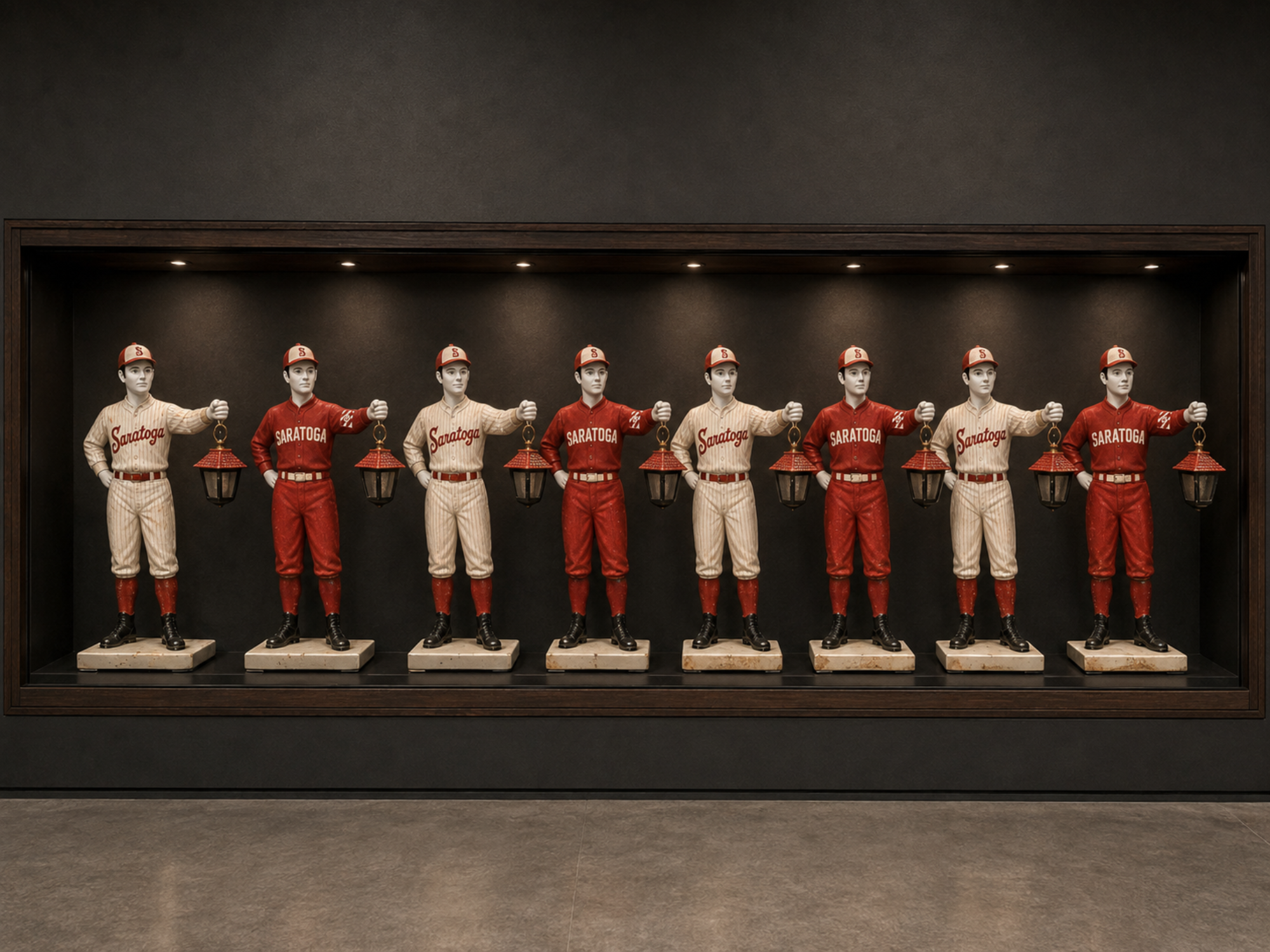 Eight weathered Hatbox lantern figures in alternating White and Red uniforms are preserved in a museum display case.