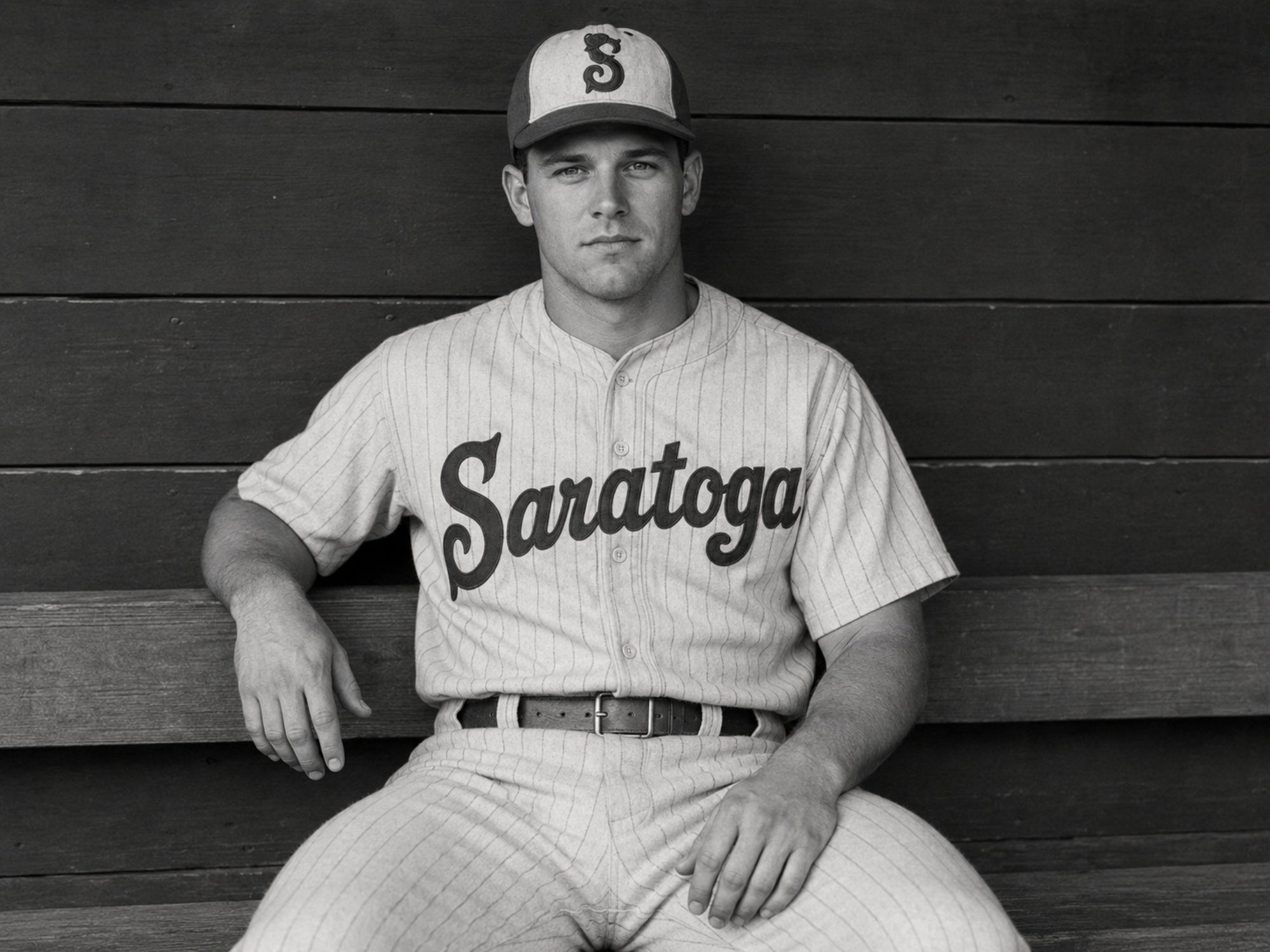 Tom Kelleher poses for his official Saratoga Springs Fascinators portrait sitting in the dugout of The Hatbox.