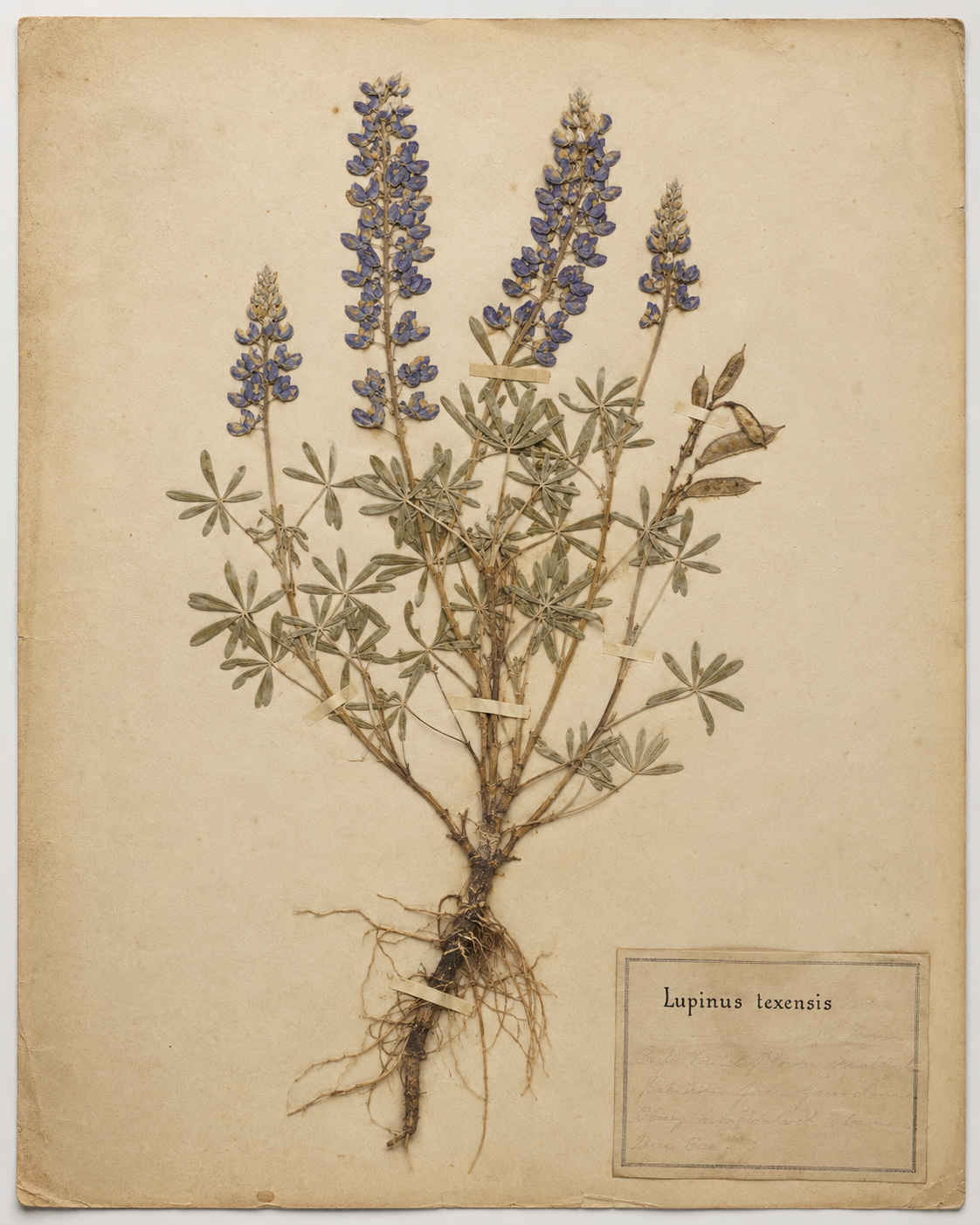 Vintage herbarium sheet displaying a preserved Texas bluebonnet specimen.