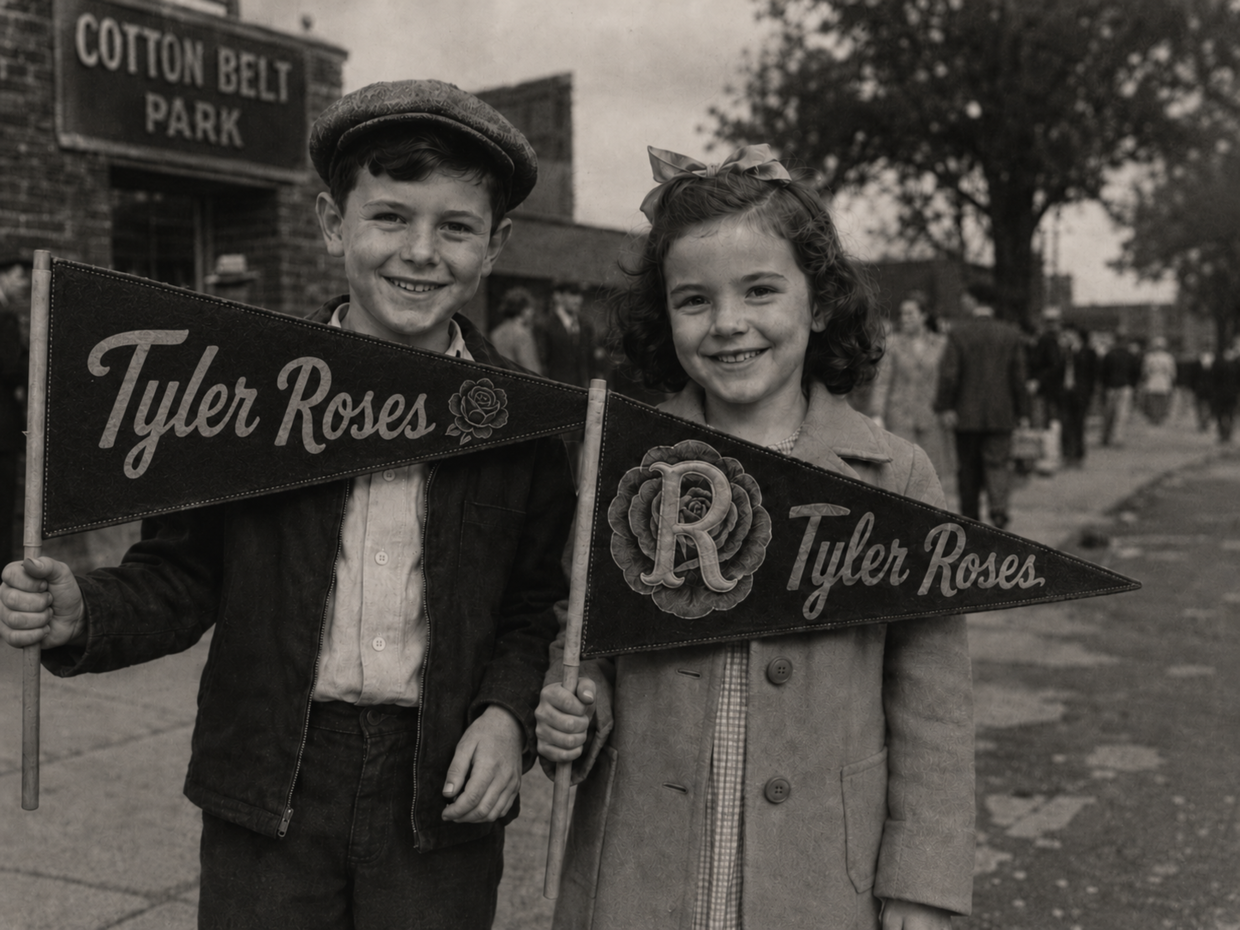 Two children holding Tyler Roses pennants.