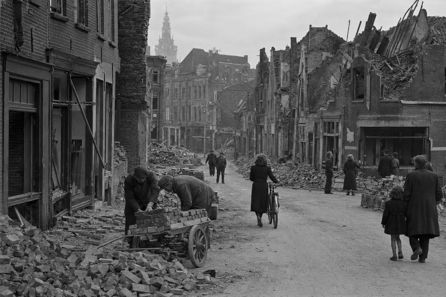 Historical reconstruction of Nijmegen residents clearing bricks from a bomb-damaged street in 1945.