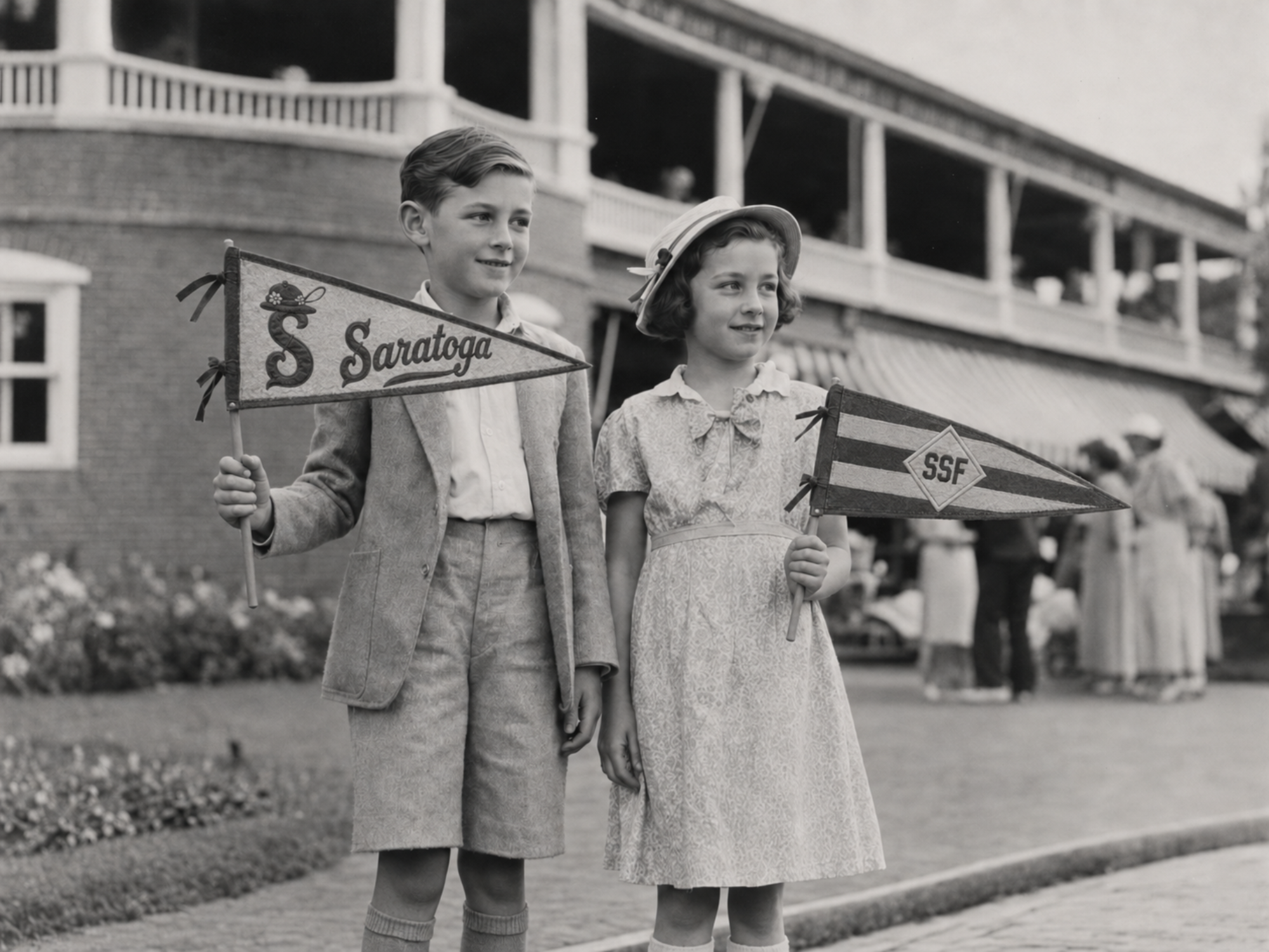 Two children hold Saratoga Springs Fascinators souvenir pennants outside The Hatbox.