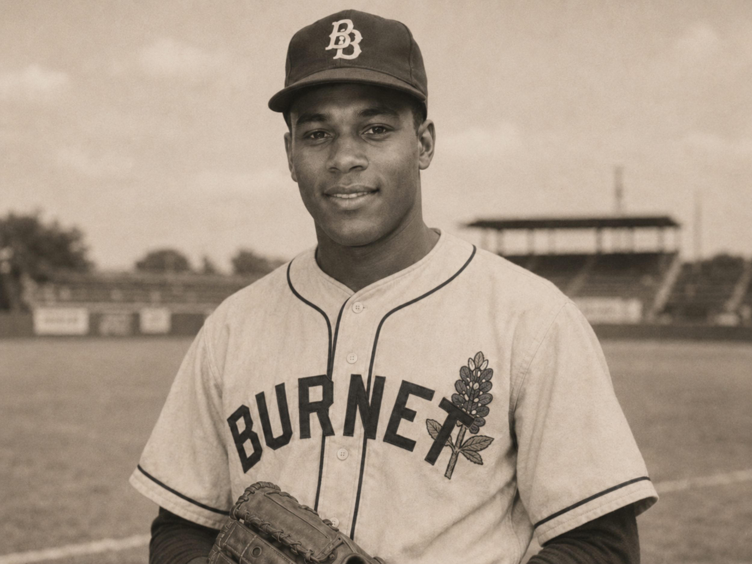 Black-and-white 1940s portrait of Leon Baird, center fielder for the 1937 Burnet Blue Bonnets, wearing a Burnet uniform and holding a glove.