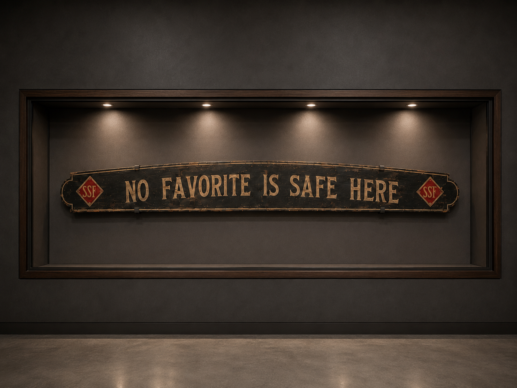 The preserved “No Favorite Is Safe Here” wooden sign is illuminated inside a museum display case.