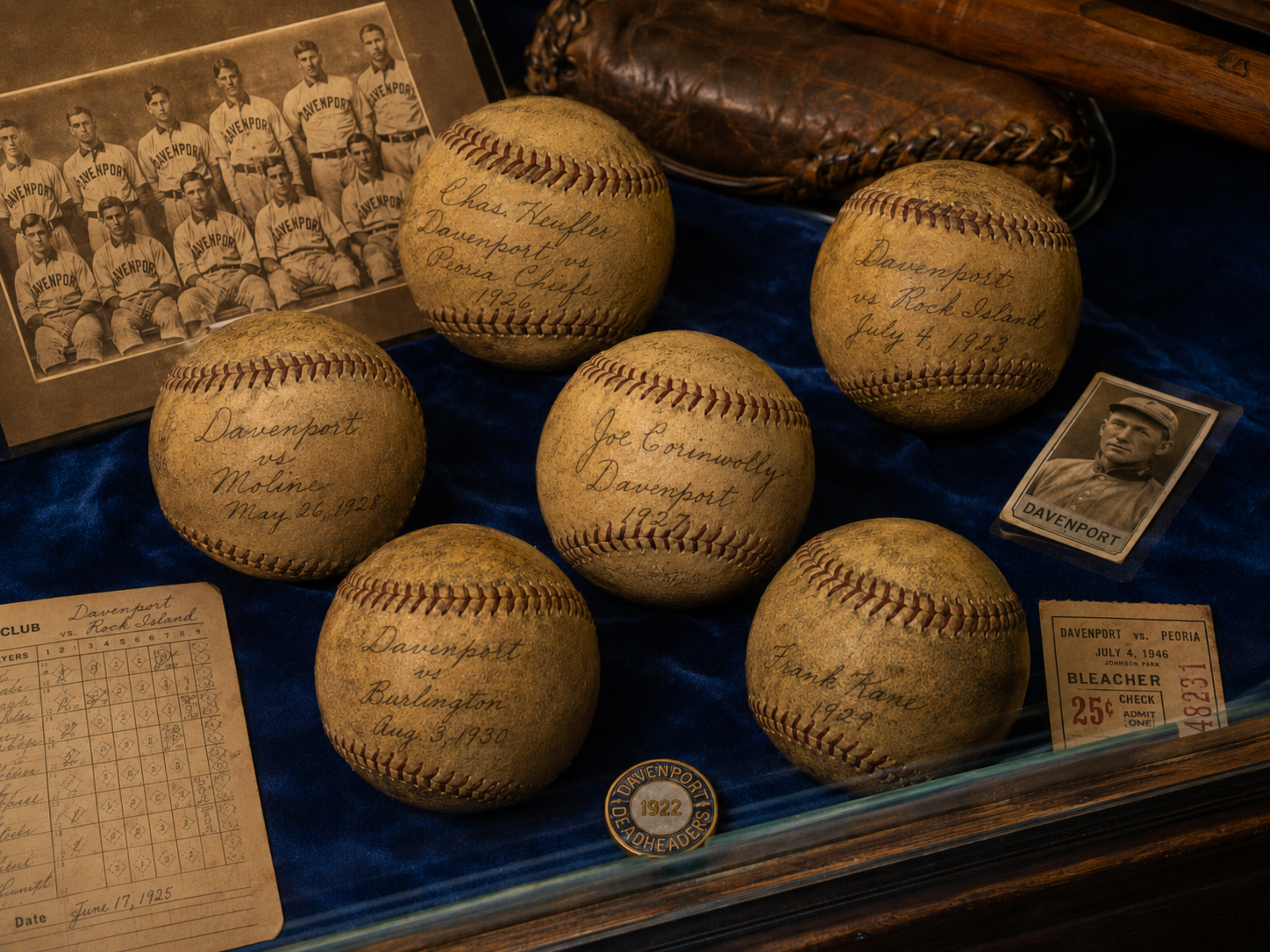 Museum display of weathered baseballs, scorecards, ticket stubs, a 1922 Davenport Deadheaders pin, and an early team photograph arranged on blue velvet.