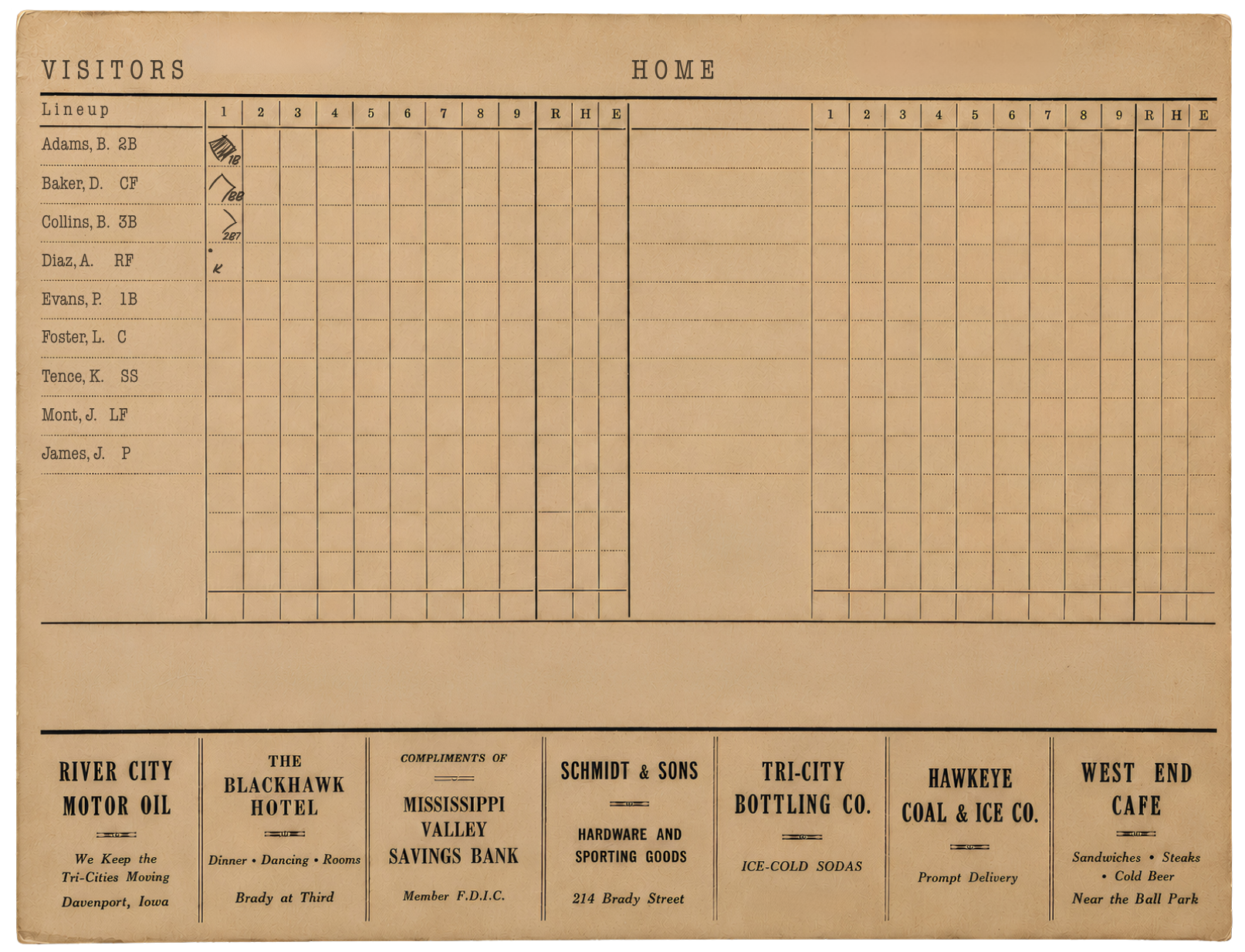 Scorecard after Diaz strikes out for the first out, with Baker remaining at third and Collins at second.