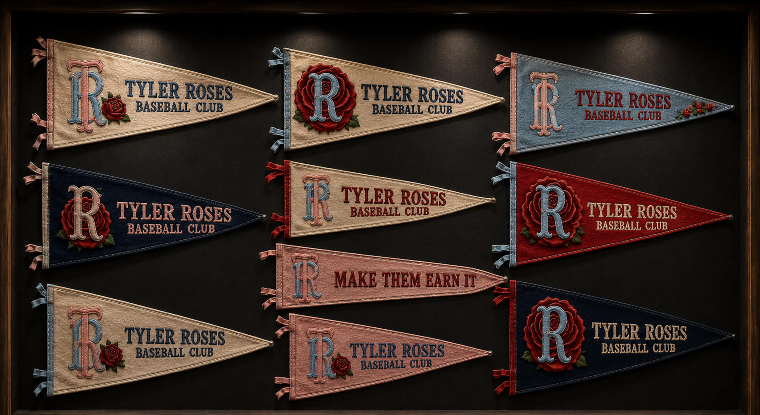 A collection of vintage Tyler Roses team pennants.