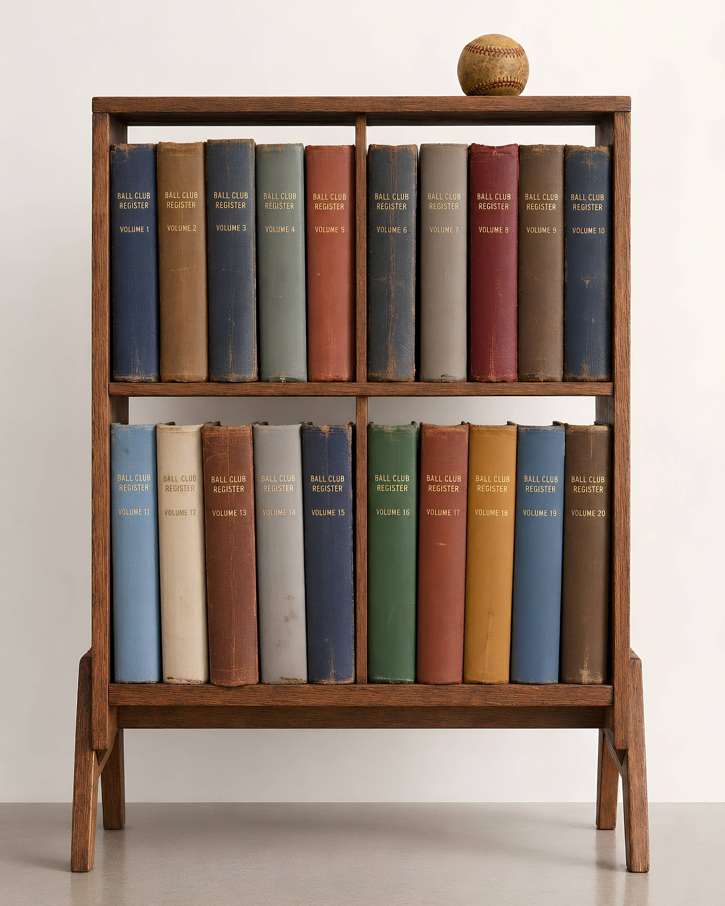 A wooden bookshelf with two shelves, filled with the twenty volumes of The Ball Club Register, and a worn baseball on top.