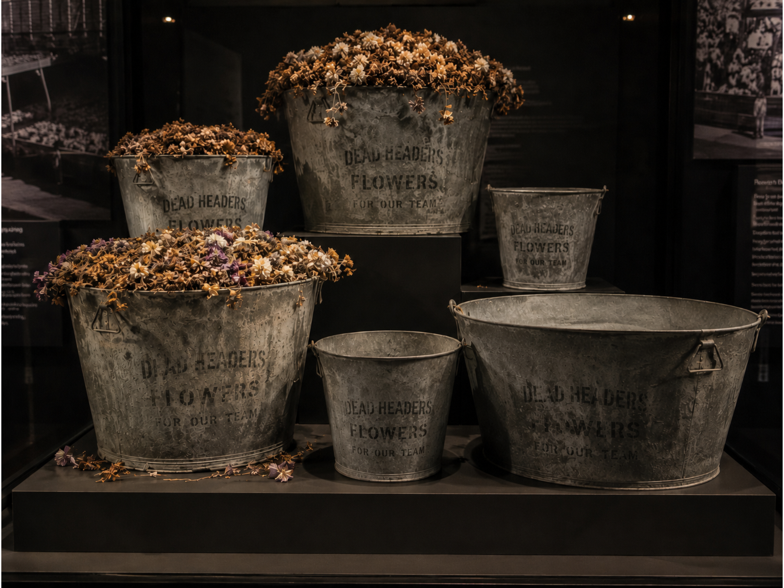 Museum display of Davenport Deadheaders galvanized flower buckets filled with dried blooms under spotlights.