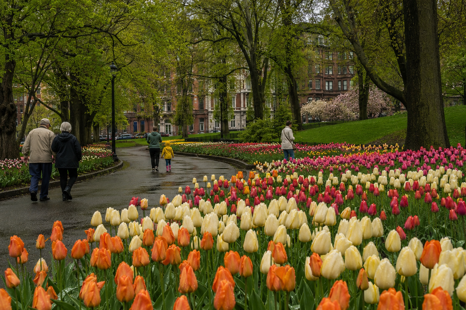 Colorful tulip beds lining a curved path in Albany’s Washington Park.