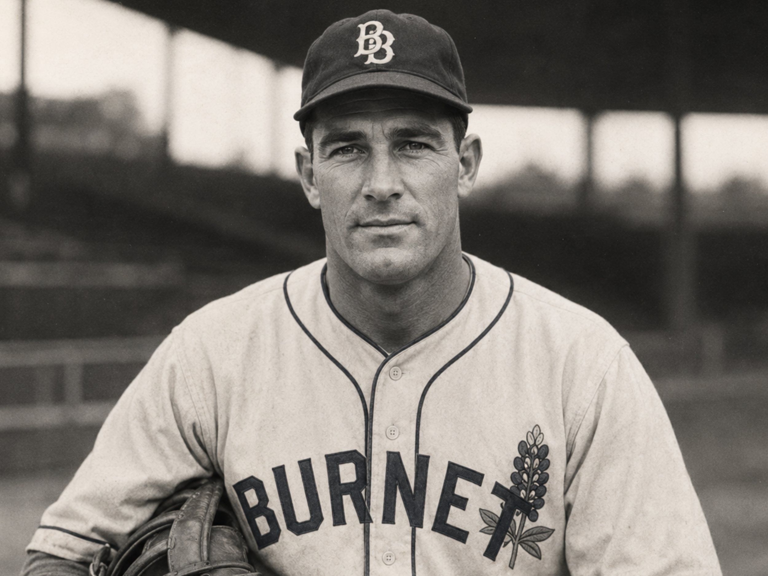 Wade Morrow, catcher and club captain of the 1937 Burnet Blue Bonnets, posed in a Burnet uniform.