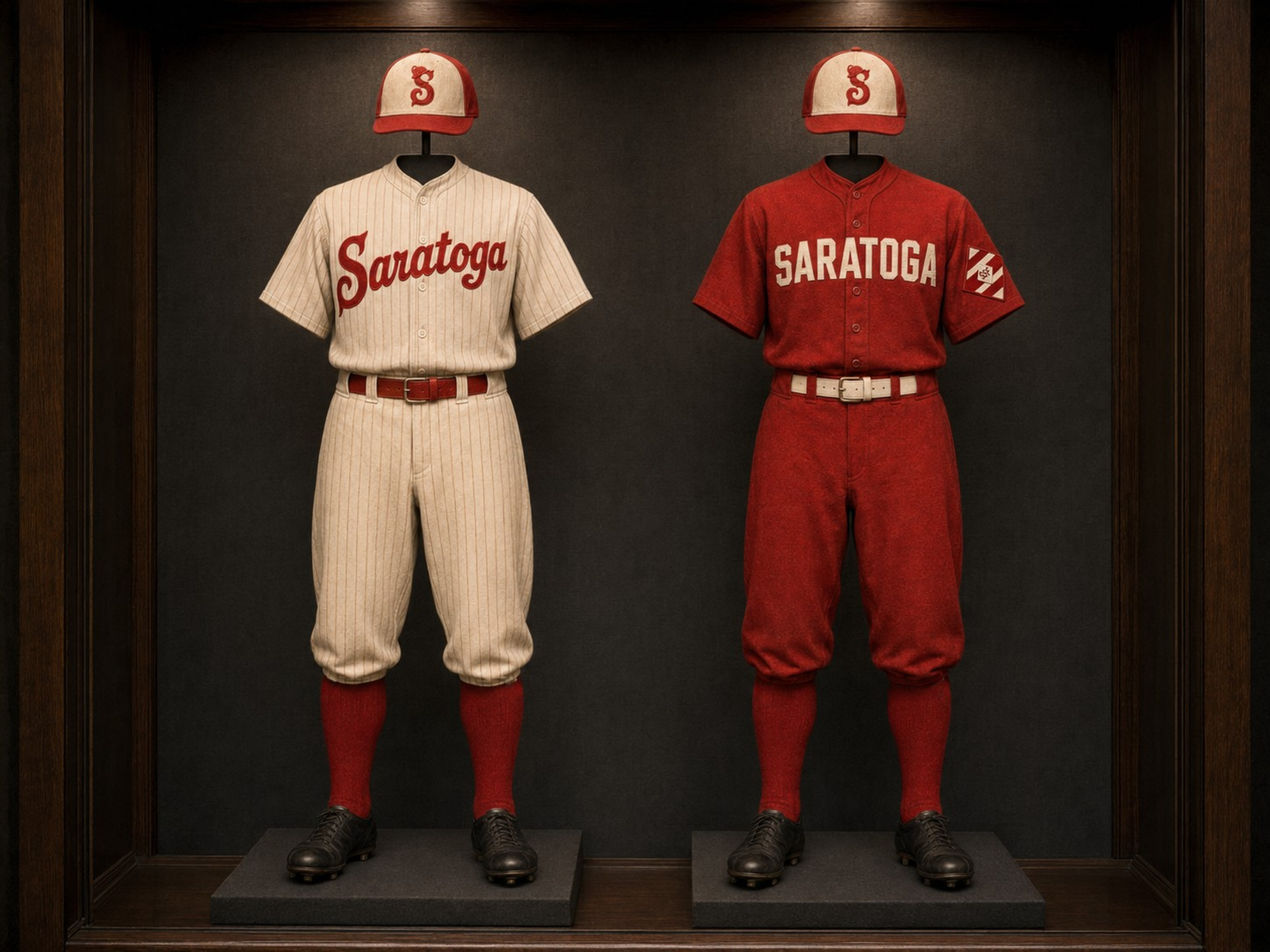 The complete White and Red Saratoga Springs Fascinators uniforms displayed together in a museum case.