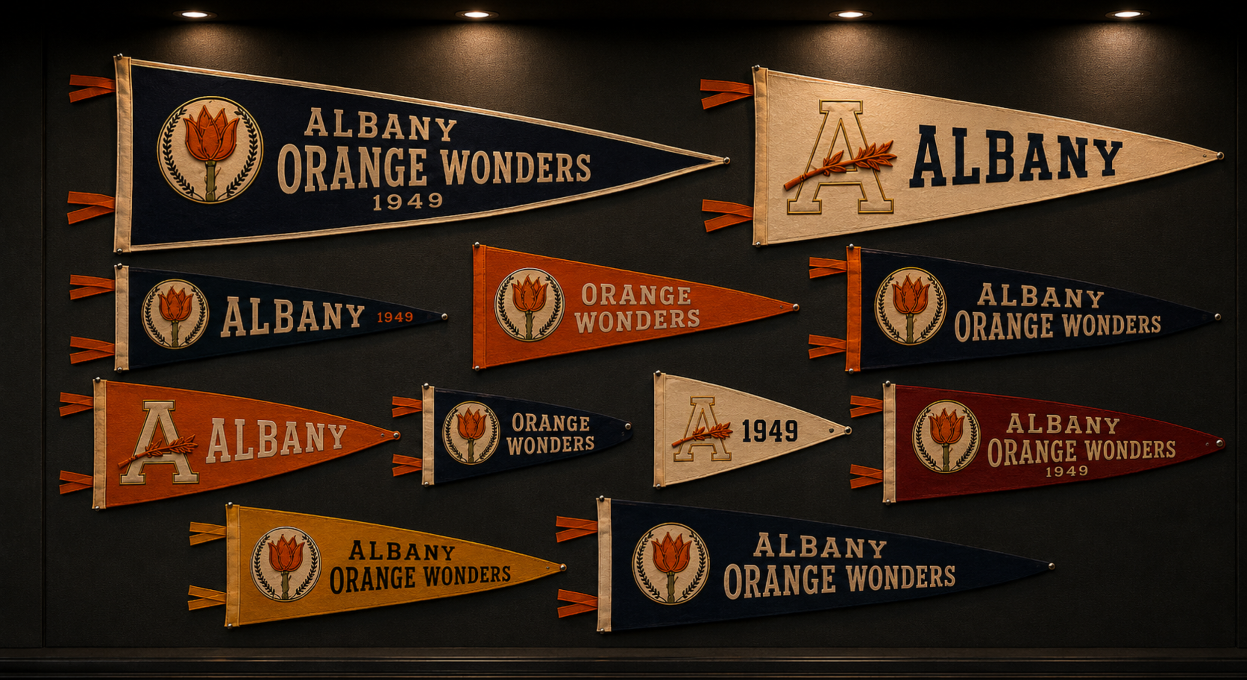 Display of Albany Orange Wonders pennant designs in navy, cream, orange, and scarlet.